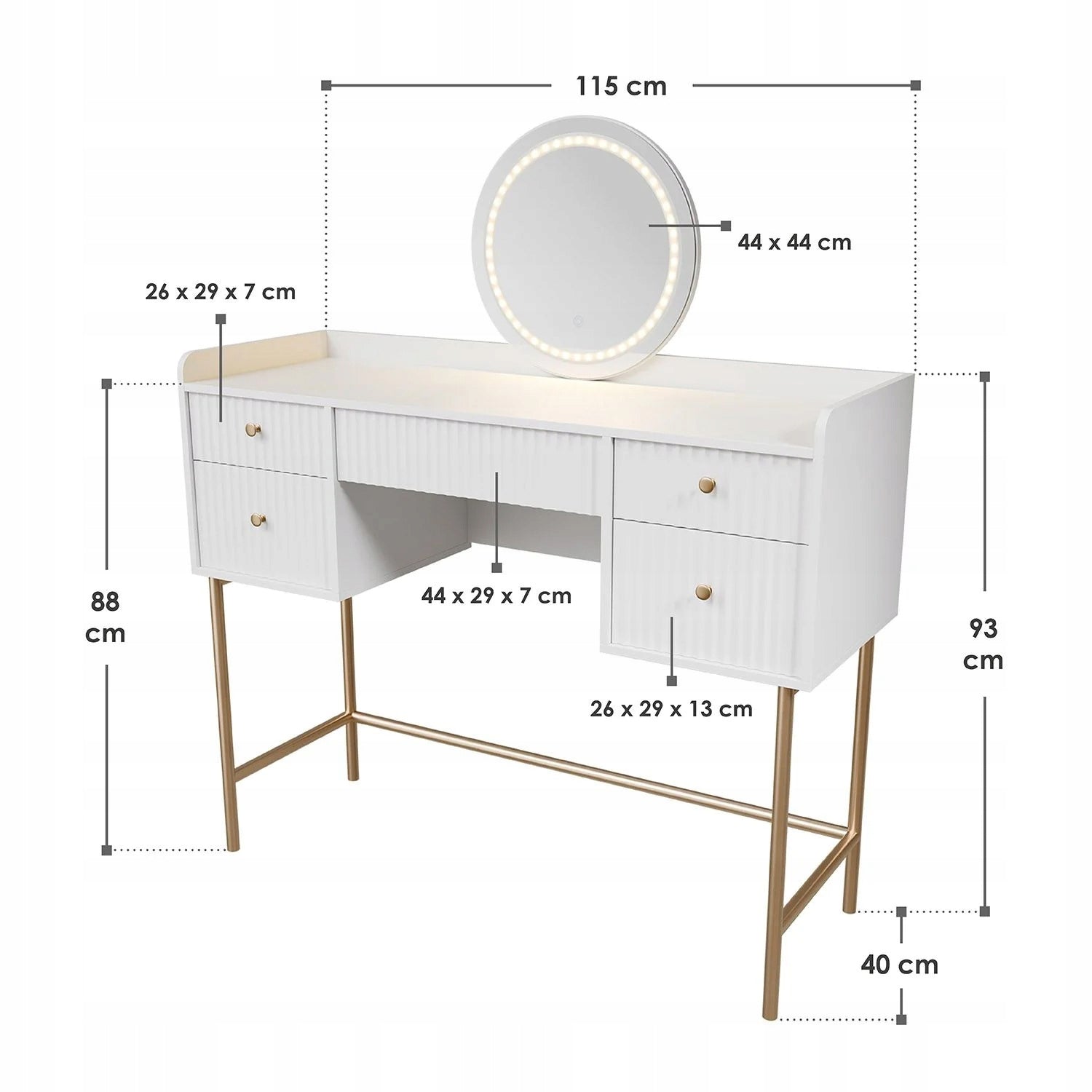 DRESSING TABLE COSMETIC WITH LED MIRROR FOR MAKEUP WHITE + GOLD Brand Juskys