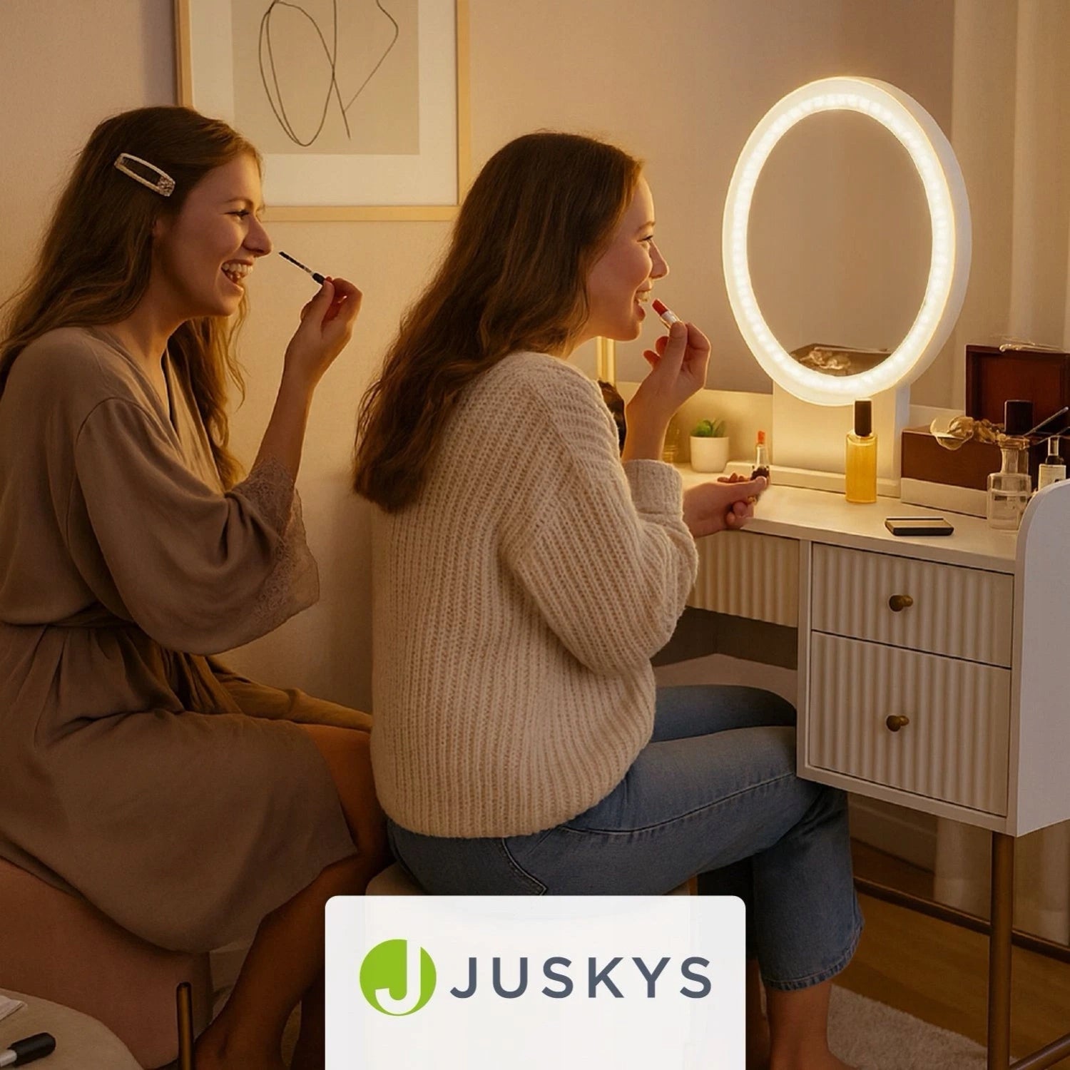 DRESSING TABLE COSMETIC WITH LED MIRROR FOR MAKEUP WHITE + GOLD Packaging status original