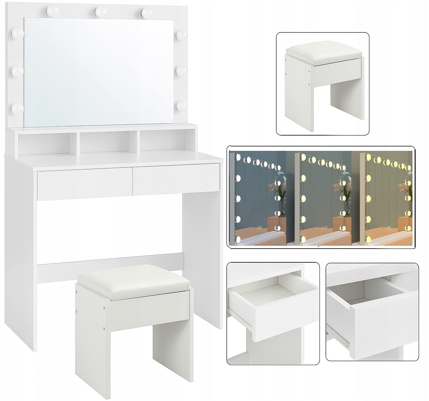 DRESSING TABLE COSMETIC WITH MIRROR CHAIR AND DIMMABLE LED LIGHTING 017 Manufacturer code Toaletka kosmetyczna 017 z krzesłem +9LED