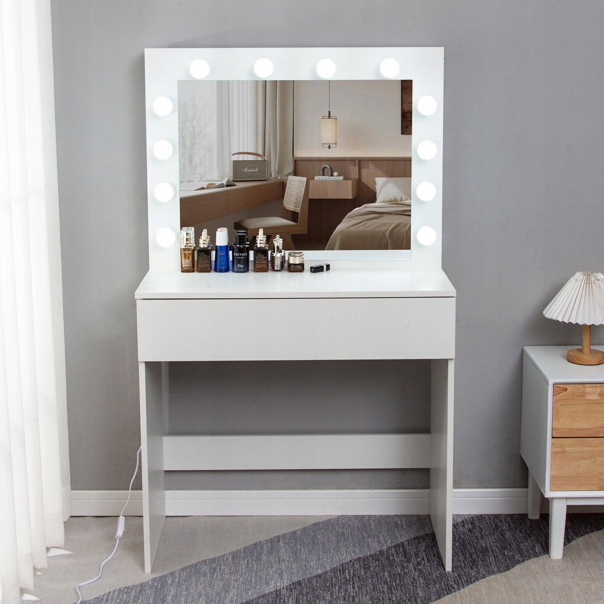 DRESSING TABLE COSMETIC WITH MIRROR LED ELDEN TK010 12 BULBS WHITE HOLLYWOOD Furniture color white