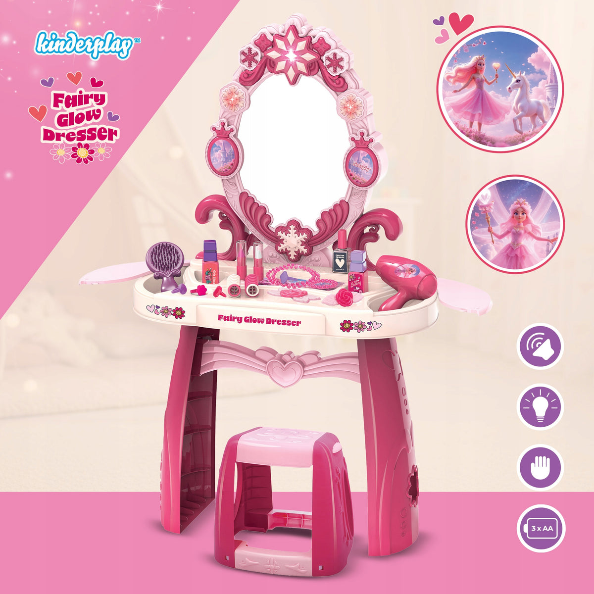 DRESSING TABLE FOR CHILDREN GIRLS DRYER SOUNDS OF LIGHT SET KINDERPLAY Brand Kinderplay