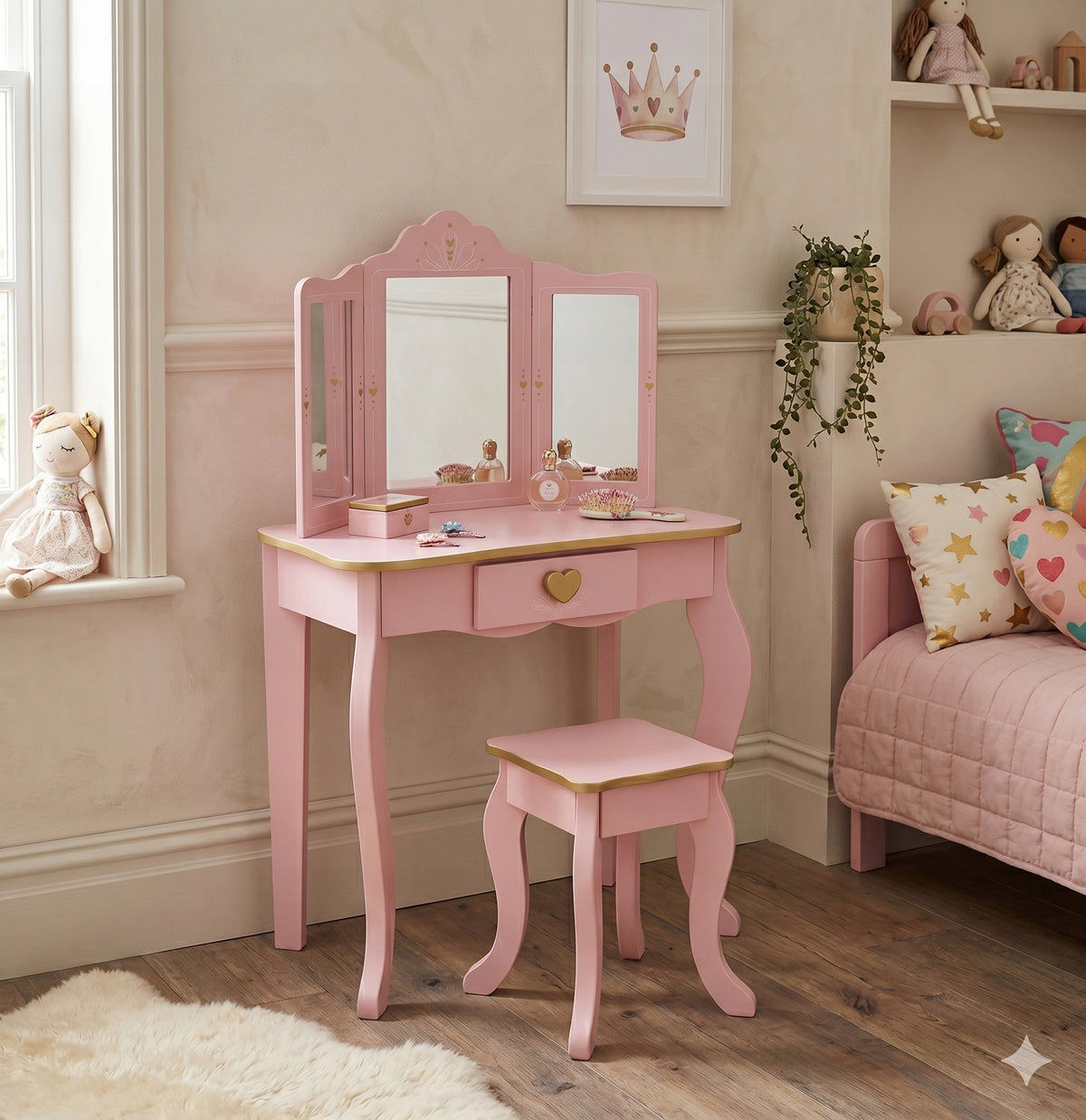 DRESSING TABLE FOR GIRLS PINK WITH MIRROR WITH STOOL LARGE SET Packaging status original
