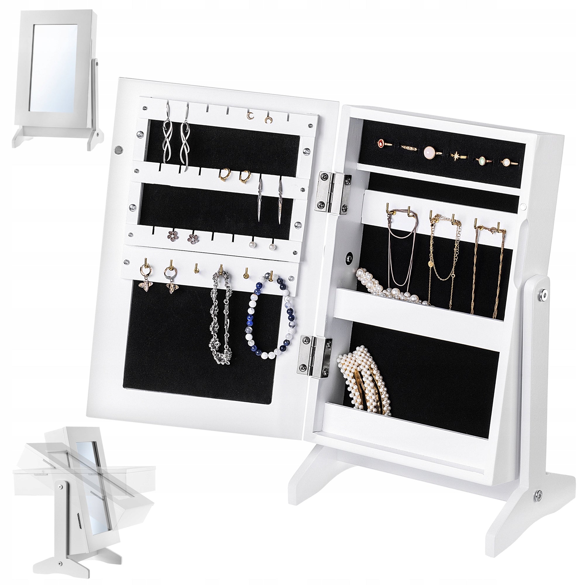 DRESSING TABLE JEWELRY CABINET WITH MIRROR CASKET ORGANIZER WHITE 21x30 cm