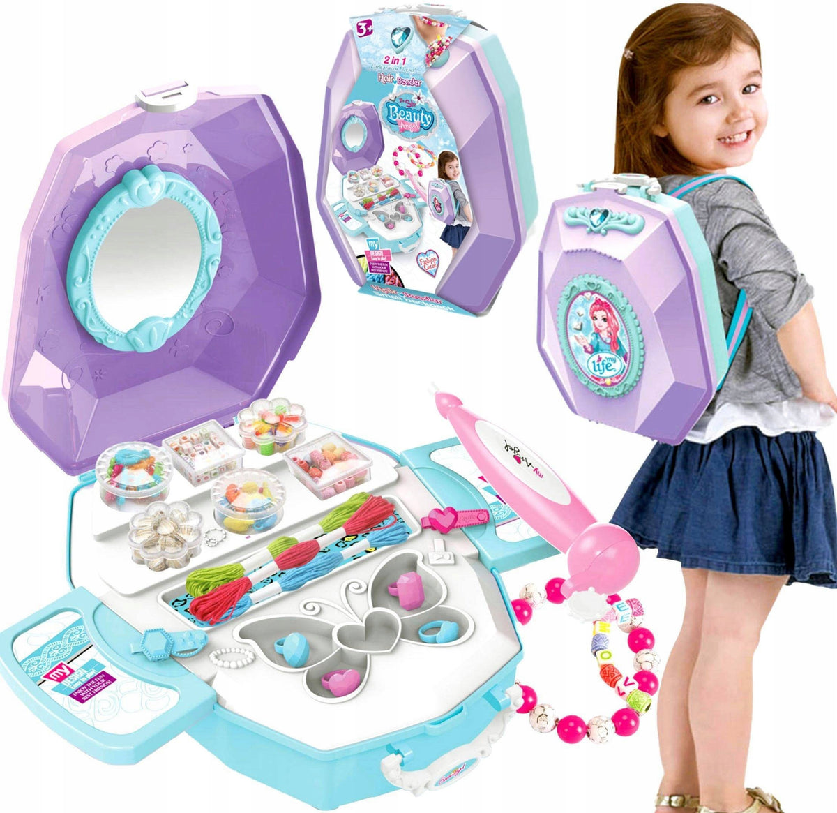 DRESSING TABLE JEWELRY HAIR BRAIDER 2IN1 BACKPACK JEWELRY BEADS
