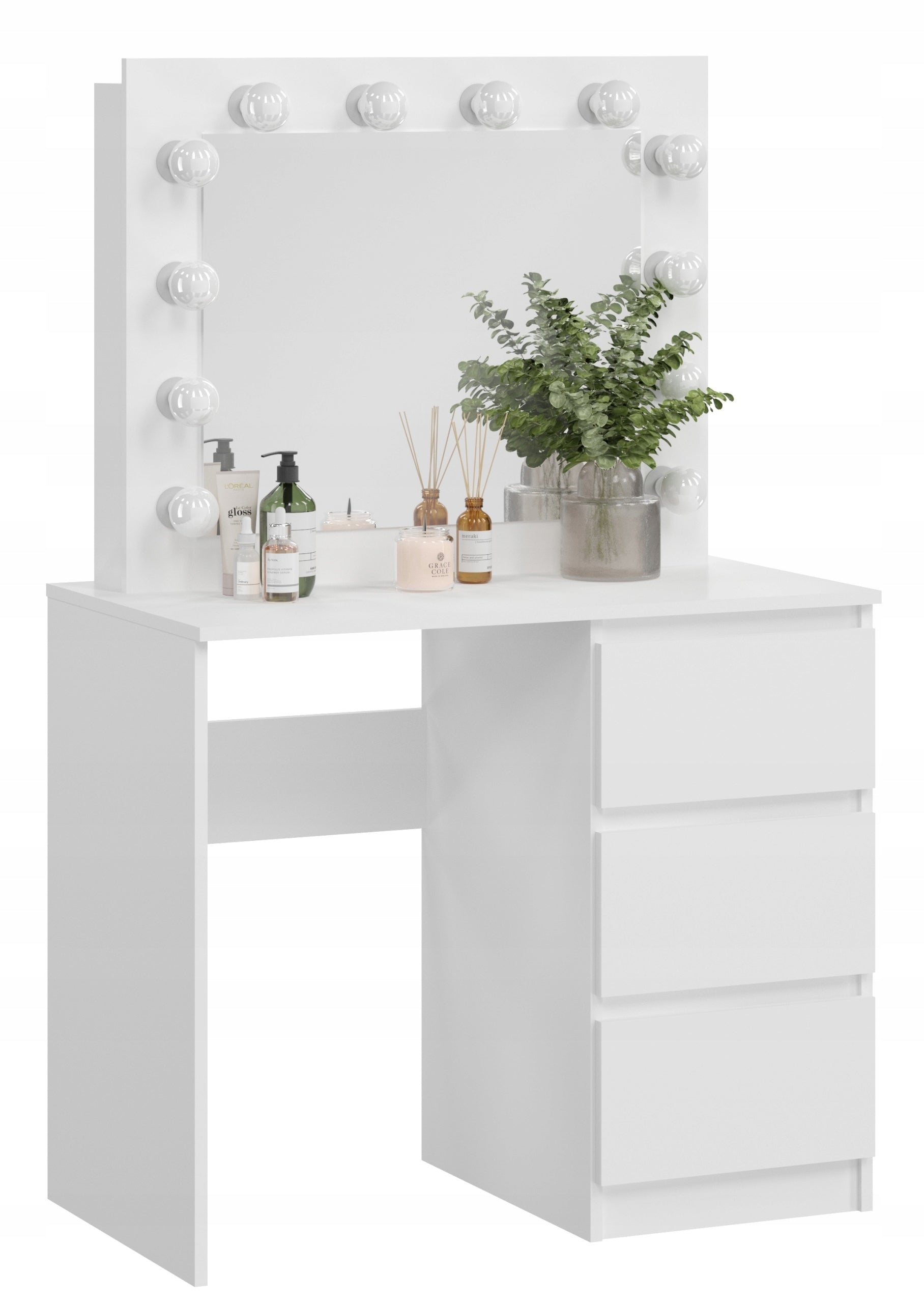 DRESSING TABLE KLARA WITH LARGE MIRROR 12 LED BULBS 3 DRAWERS Furniture color white