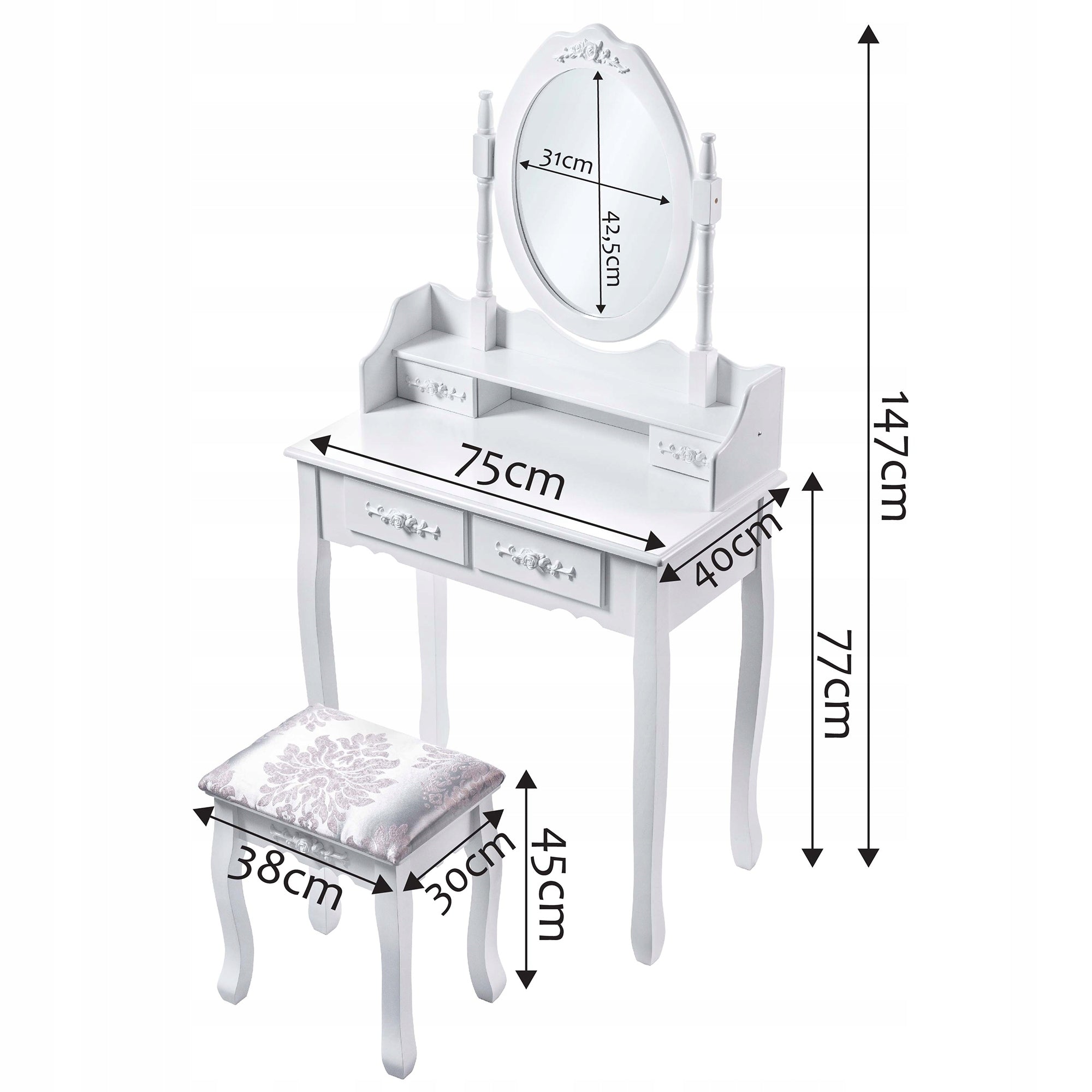 DRESSING TABLE MAKEUP BAG WITH MIRROR + STOOL WHITE 75x147cm Brand Kadax