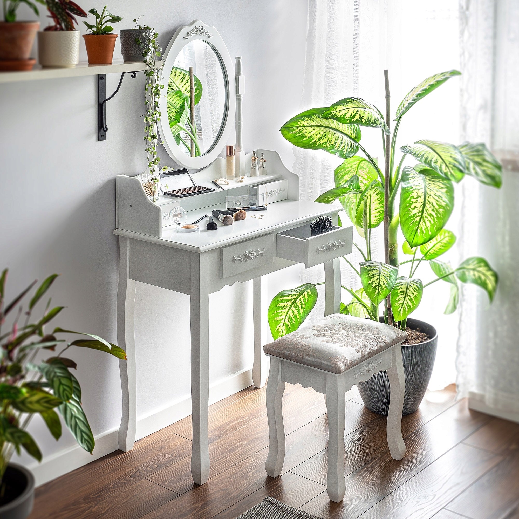 DRESSING TABLE MAKEUP BAG WITH MIRROR + STOOL WHITE 75x147cm Furniture height 147 cm