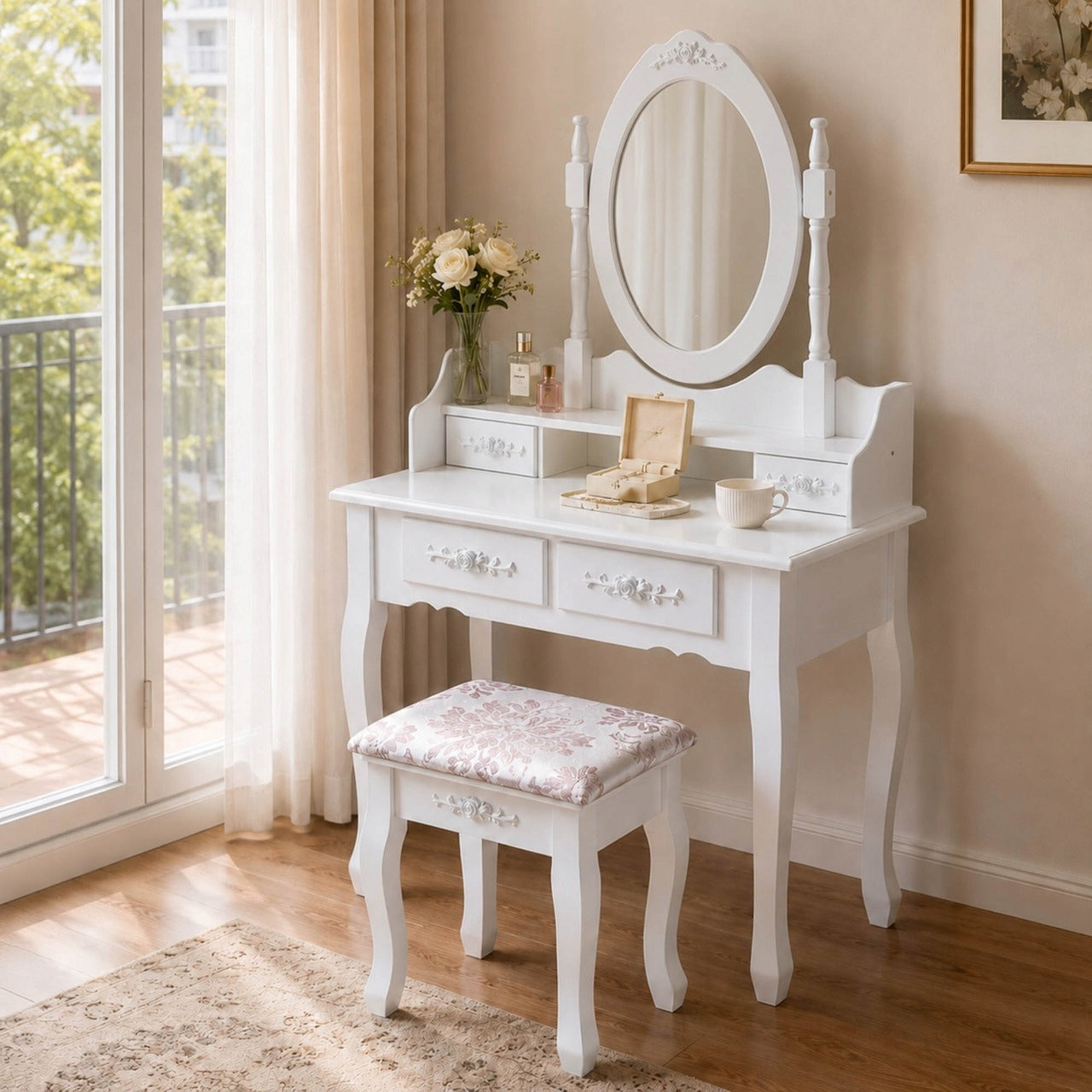 DRESSING TABLE MAKEUP BAG WITH MIRROR + STOOL WHITE 75x147cm Furniture width 75 cm