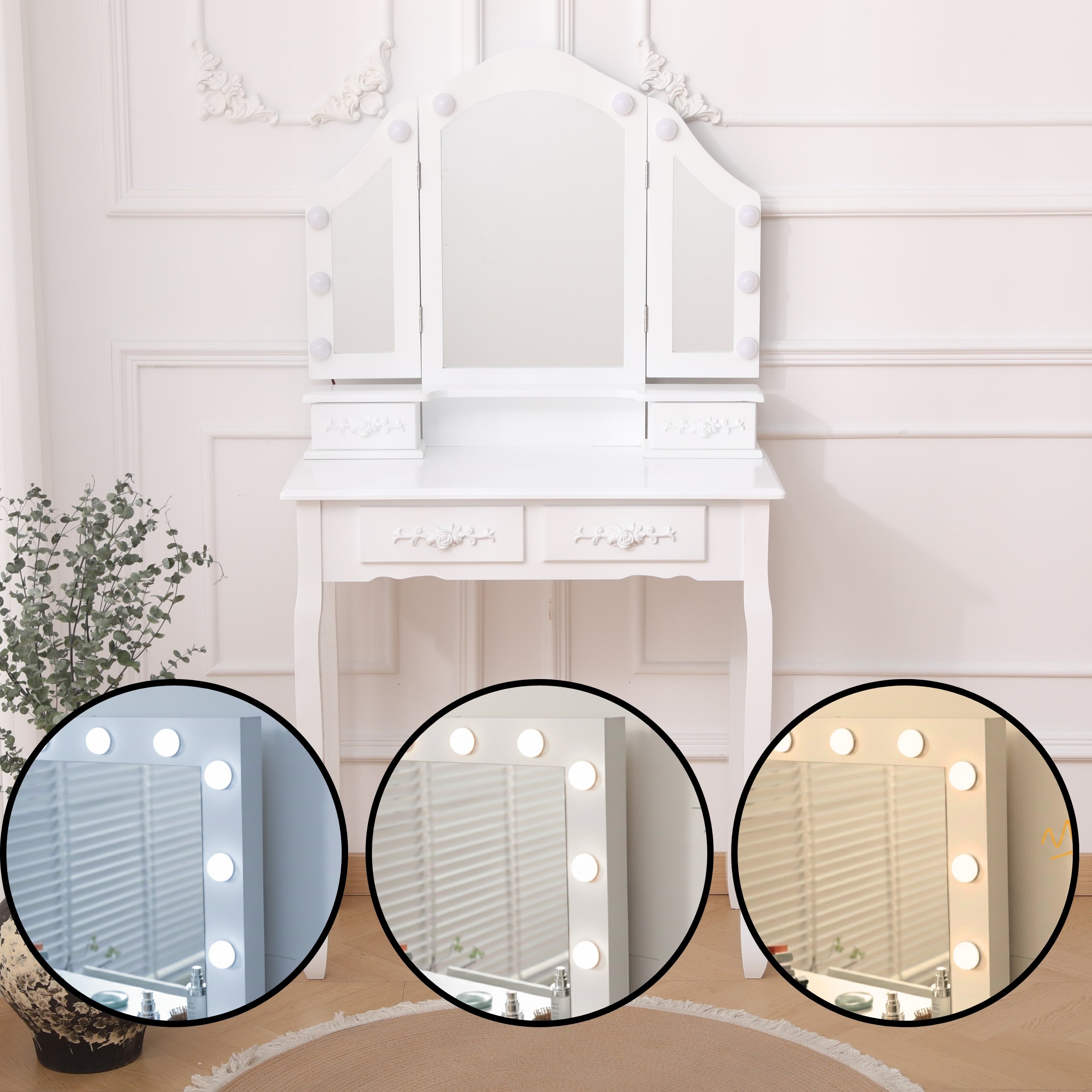 DRESSING TABLE MIRROR DT01 LED 3 COLORS LIGHT MIRROR DRAWER STOOL WHITE Brand no brand