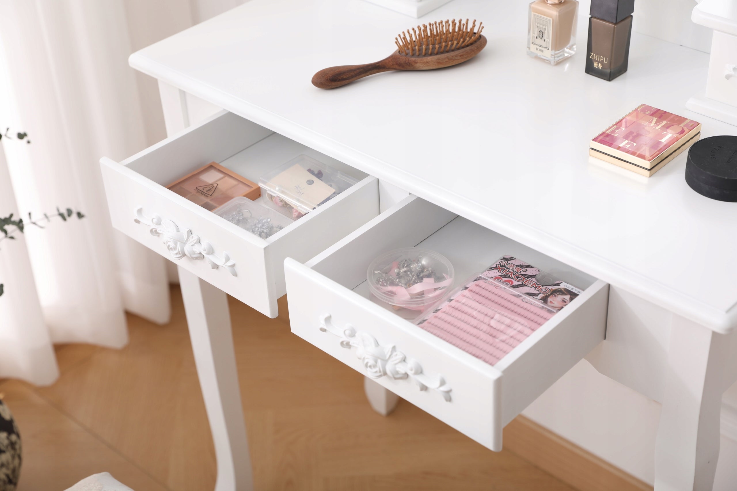 DRESSING TABLE MIRROR DT01 LED 3 COLORS LIGHT MIRROR DRAWER STOOL WHITE Furniture color white