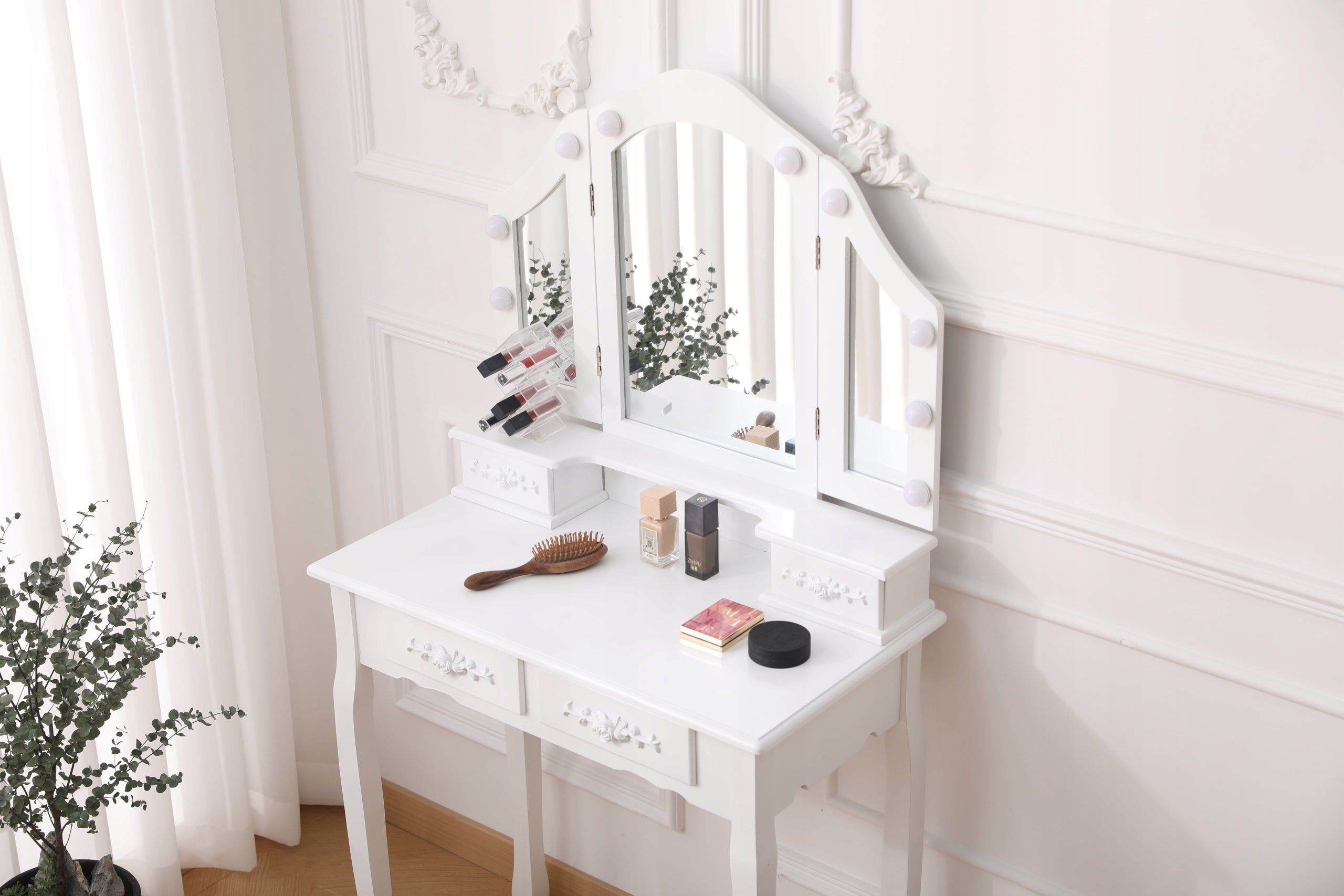 DRESSING TABLE MIRROR DT01 LED 3 COLORS LIGHT MIRROR DRAWER STOOL WHITE Furniture depth 40 cm