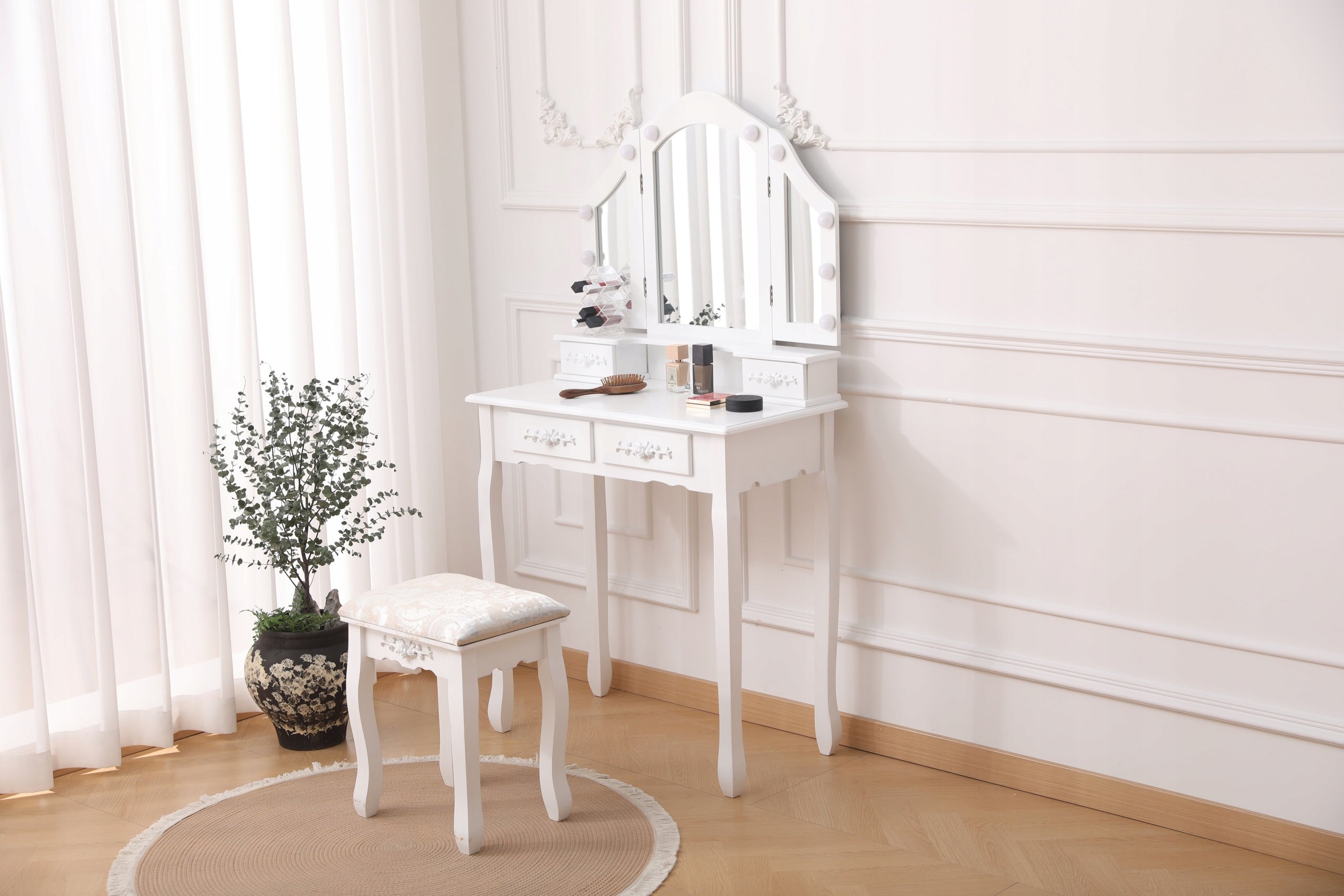 DRESSING TABLE MIRROR DT01 LED 3 COLORS LIGHT MIRROR DRAWER STOOL WHITE Furniture height 140 cm