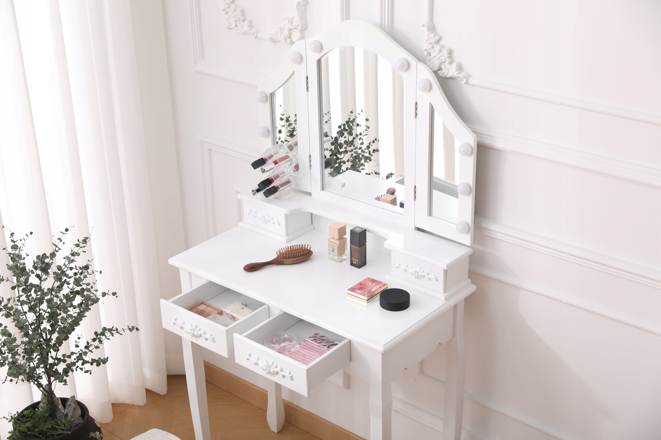DRESSING TABLE MIRROR DT01 LED 3 COLORS LIGHT MIRROR DRAWER STOOL WHITE Furniture width 75 cm