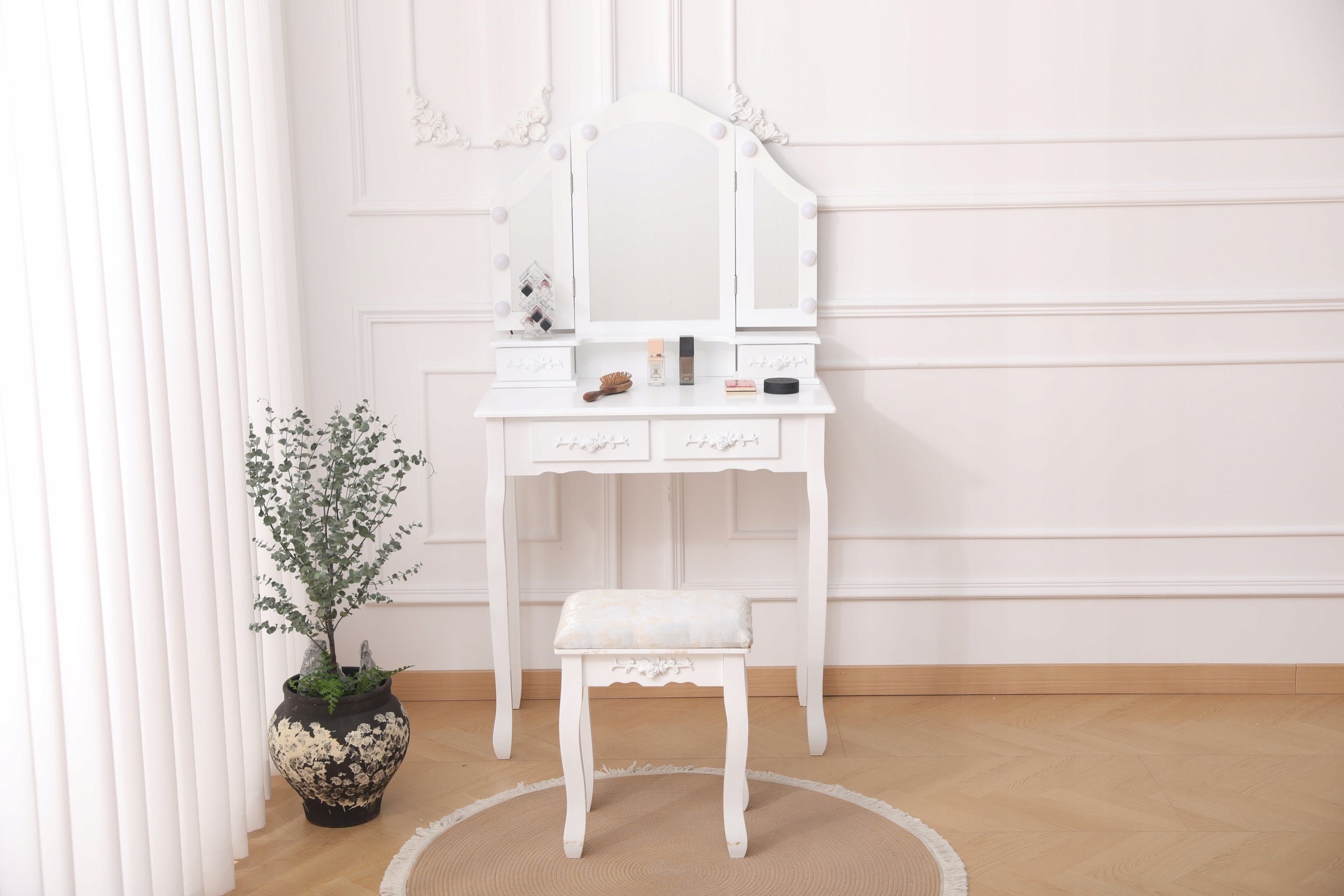DRESSING TABLE MIRROR DT01 LED 3 COLORS LIGHT MIRROR DRAWER STOOL WHITE Packaging status original