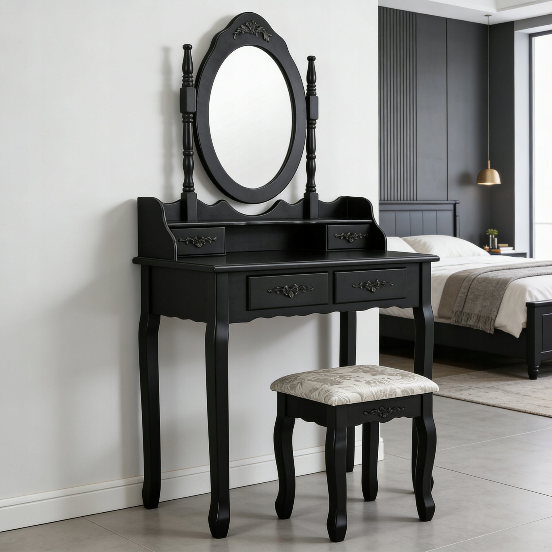 DRESSING TABLE MIRROR DT04 DRAWER MIRROR STOOL BLACK LACQUERED Brand no brand