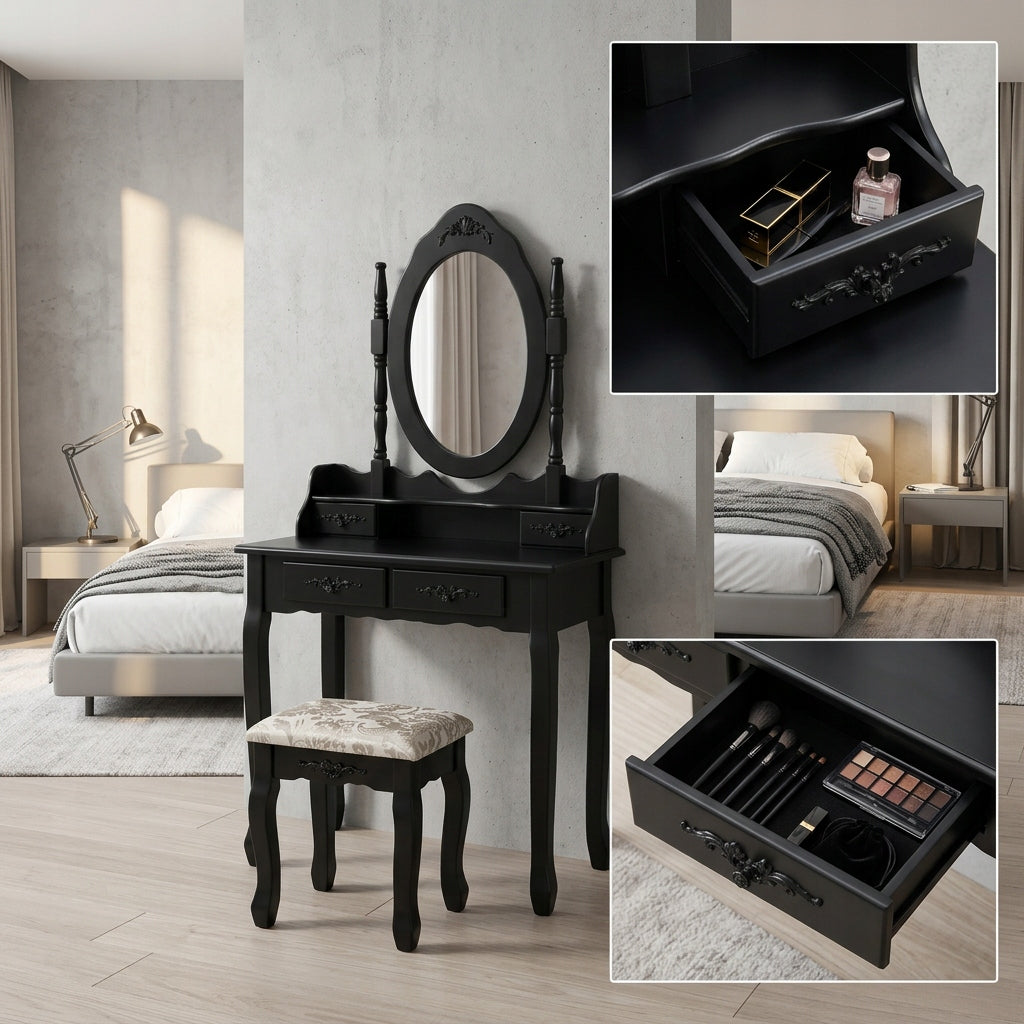 DRESSING TABLE MIRROR DT04 DRAWER MIRROR STOOL BLACK LACQUERED Furniture color black