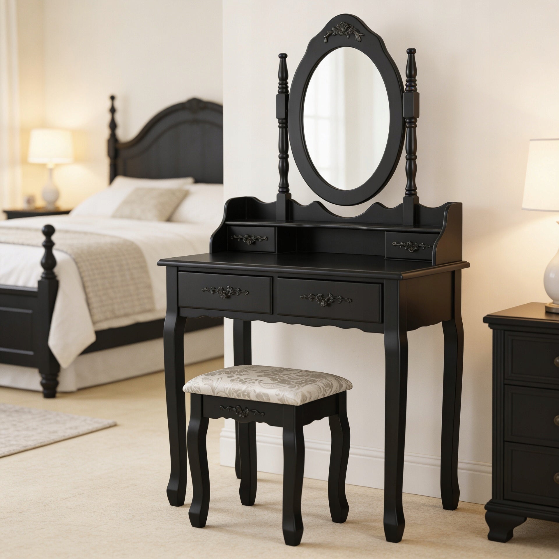 DRESSING TABLE MIRROR DT04 DRAWER MIRROR STOOL BLACK LACQUERED Manufacturer code DT04
