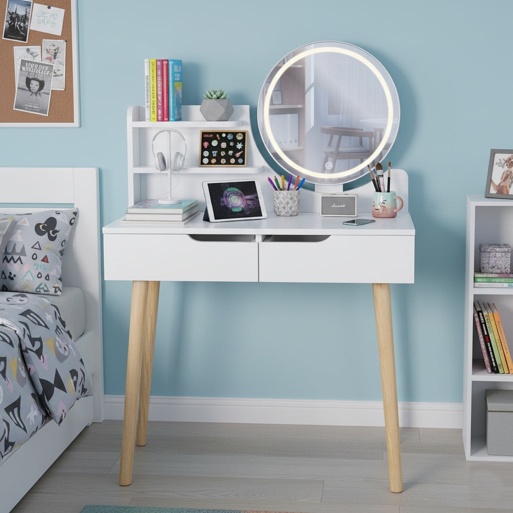 DRESSING TABLE WITH MIRROR COSMETIC LED LIGHTING FOR MAKEUP WHITE Furniture width 80 cm