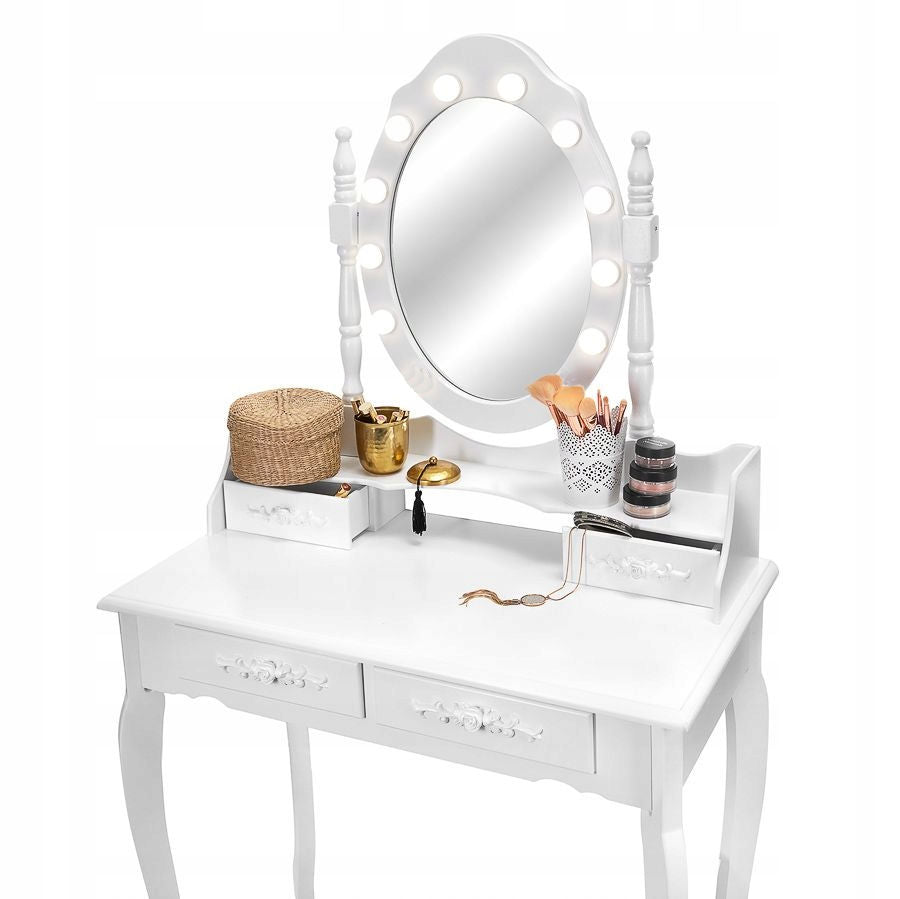 DRESSING TABLE cosmetic LED with MIRROR white + make-up STOOL + 4 drawers! Furniture depth 40 cm