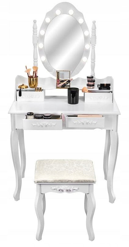 DRESSING TABLE cosmetic LED with MIRROR white + make-up STOOL + 4 drawers! Packaging status original