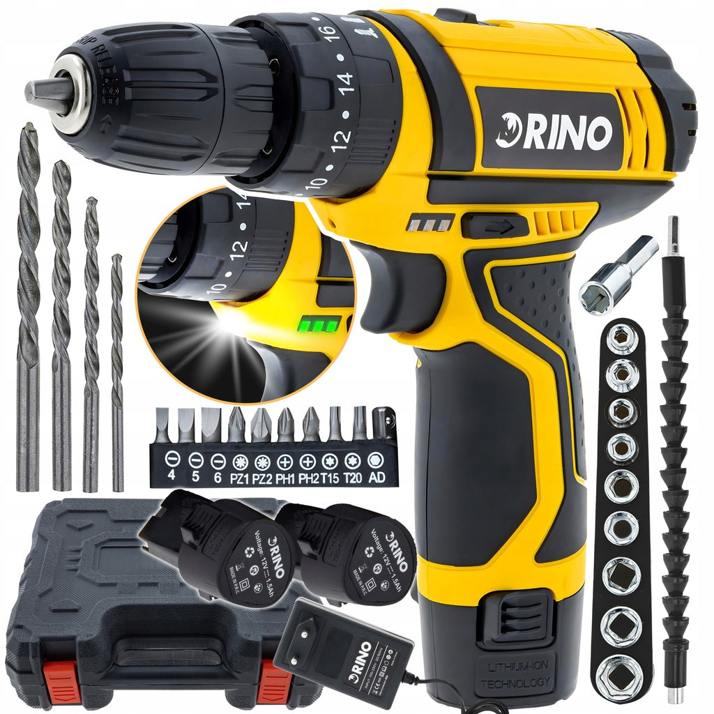 DRILL CORDLESS SCREWDRIVER 12V RINO IMPACT LARGE SET OF ACCESSORIES