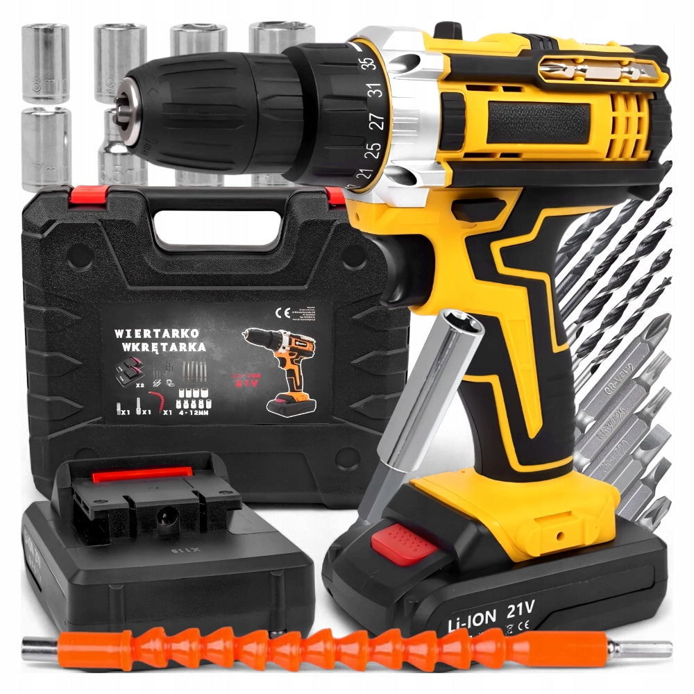 DRILL CORDLESS SCREWDRIVER 21V 2XAKU SUITCASE BITS CAPS SET