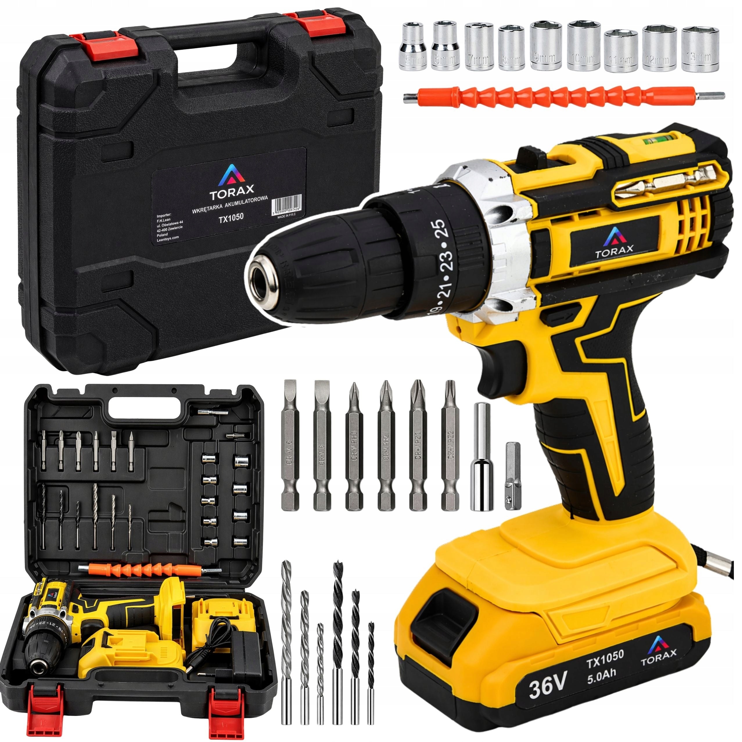 DRILL DRIVER +2x5Ah CORDLESS 36V CAPS BITS LED SUITCASE TORAX Packaging status original