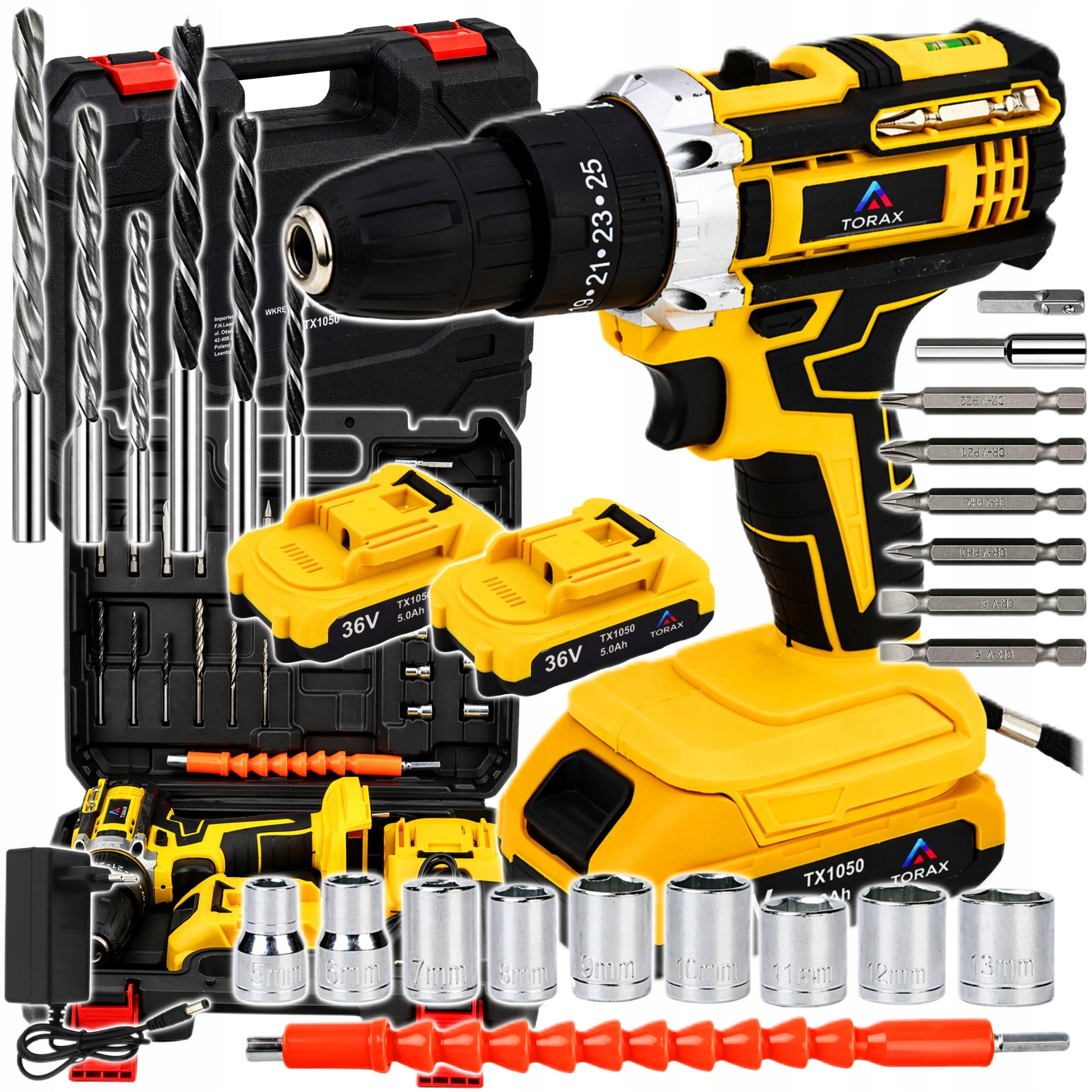 DRILL DRIVER +2x5Ah CORDLESS 36V CAPS BITS LED SUITCASE TORAX