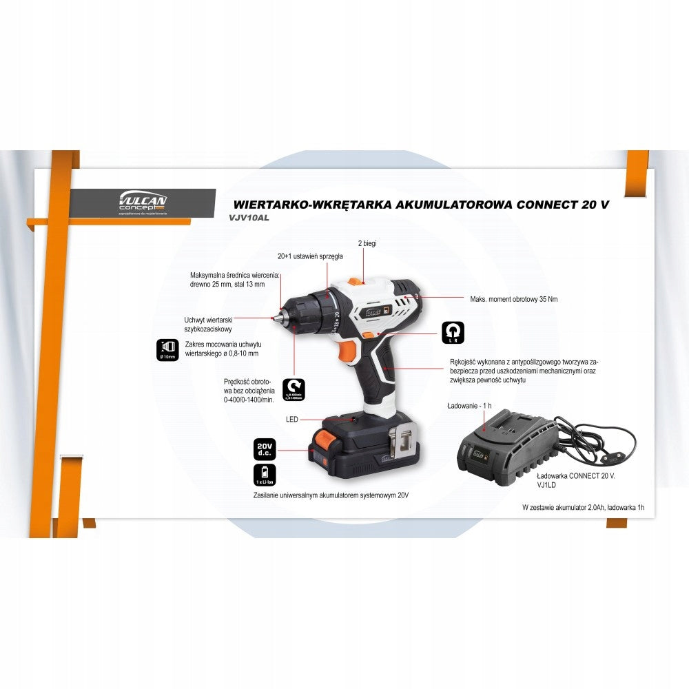 DRILL/DRIVER, 35NM, WITHOUT AKU/LOAD. CONNECT 20V Brand Vulcan