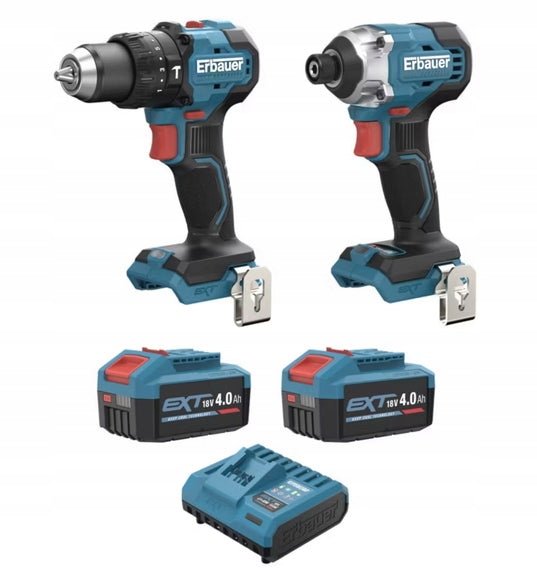 DRILL/DRIVER SET + IMPACT DRIVER ERBAUER G2 18 V 2 X 4,0 AH