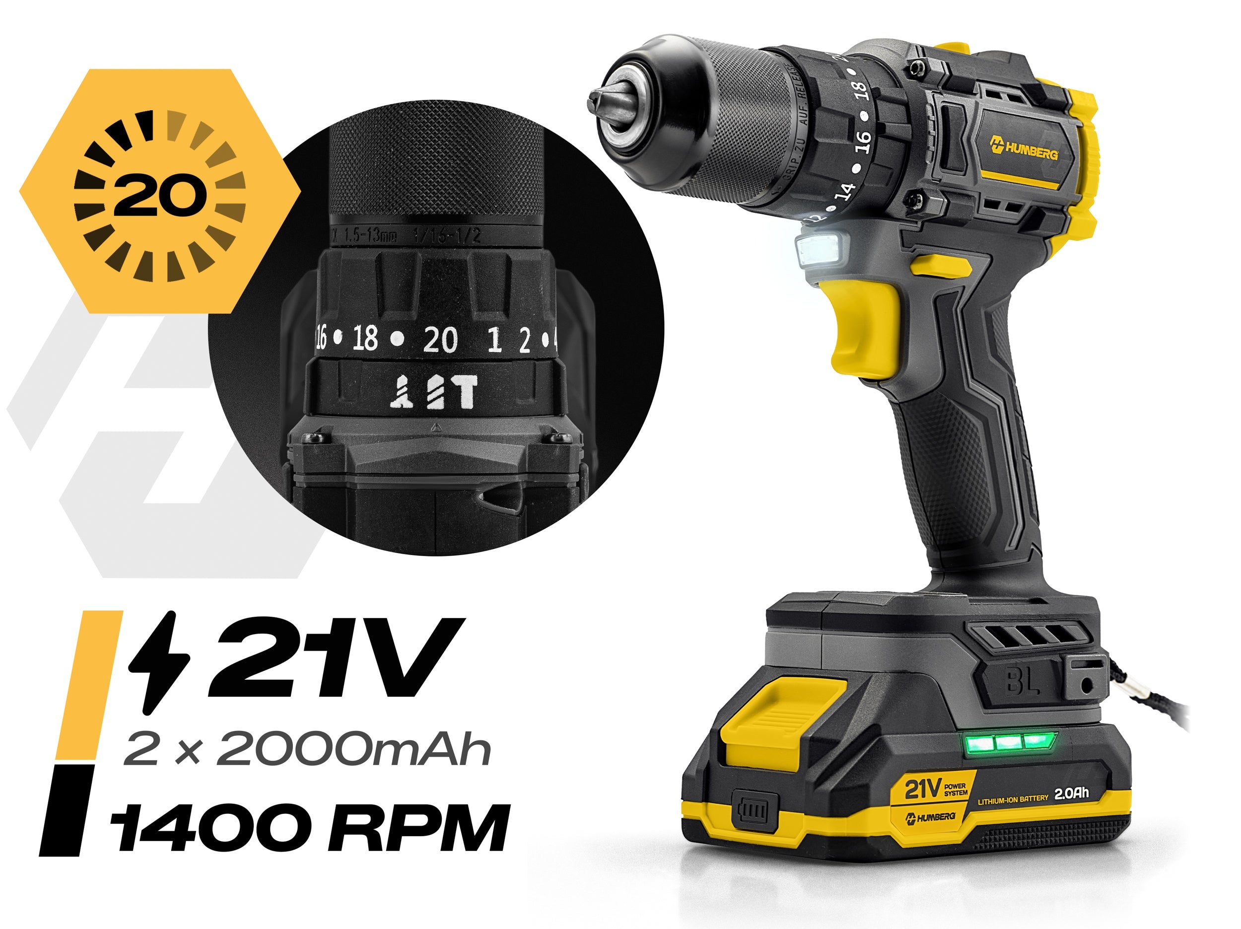 DRILL DRIVER UDAR cordless 21V HUMBERG +2x Battery MEGA POWERFUL Packaging status original
