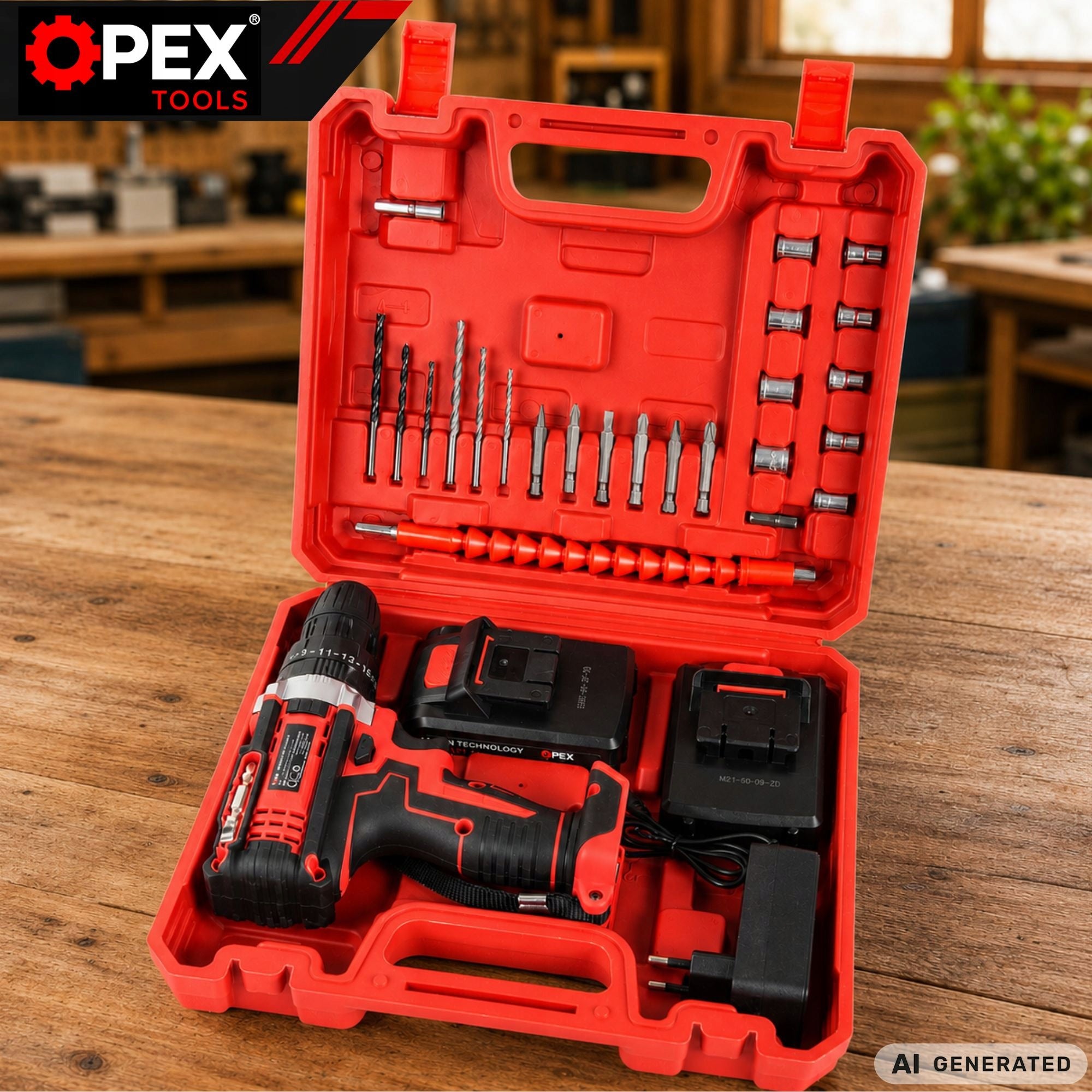 DRILL HAMMER DRIVER CORDLESS 21V SUITCASE ACCESSORIES SET POWER Brand OPEX TOOLS