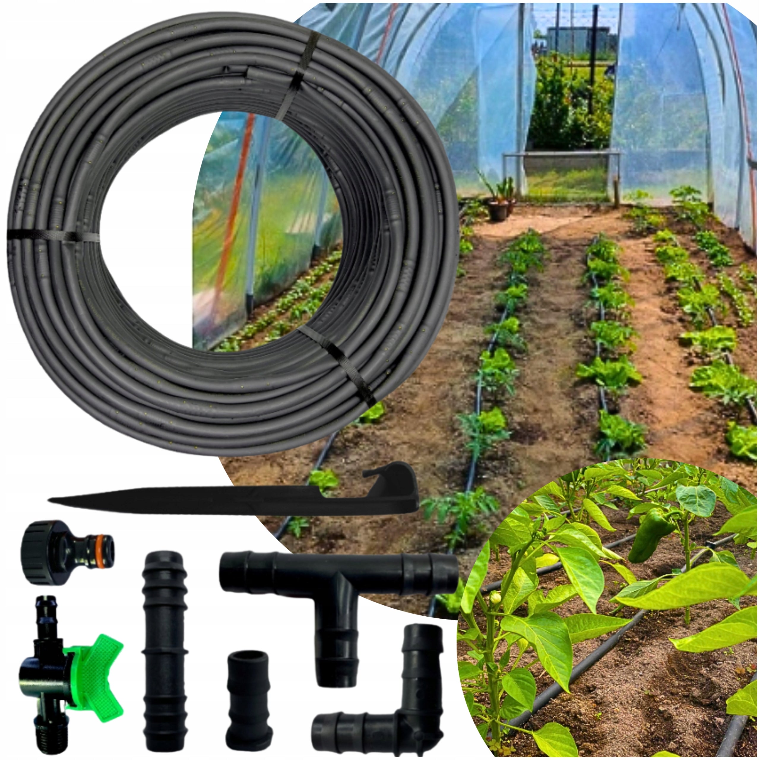 DRIP LINE IRRIGATION 25M+43EL ELEMENTS DRIP HOSE Manufacturer code Linia kroplująca nawodnienie folioka ogrodu