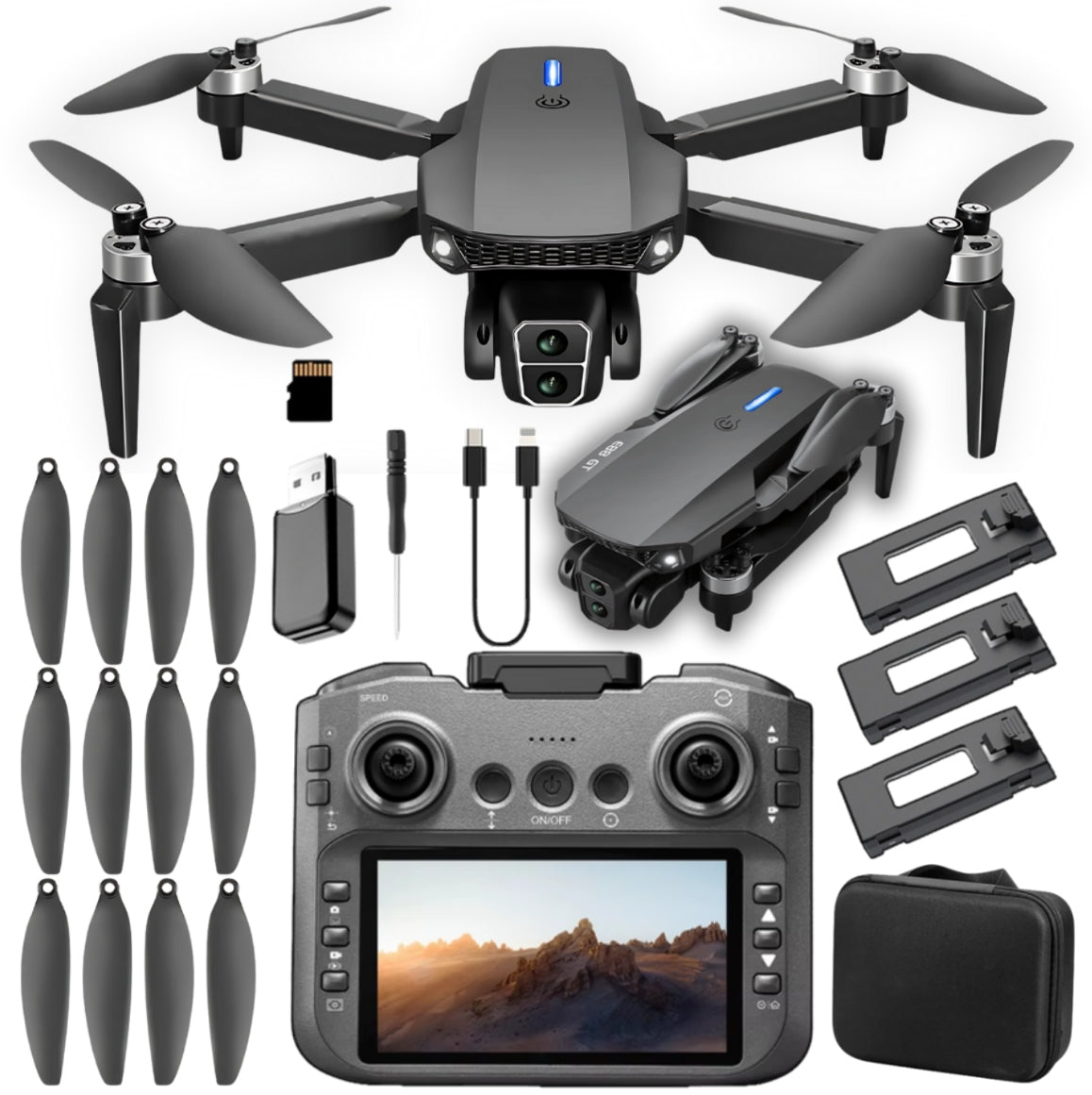 DRONE E88 GT 2 MOTORS BRUSHLESS LCD DISPLAY 5' CARD 8GB 3 BATTERIES