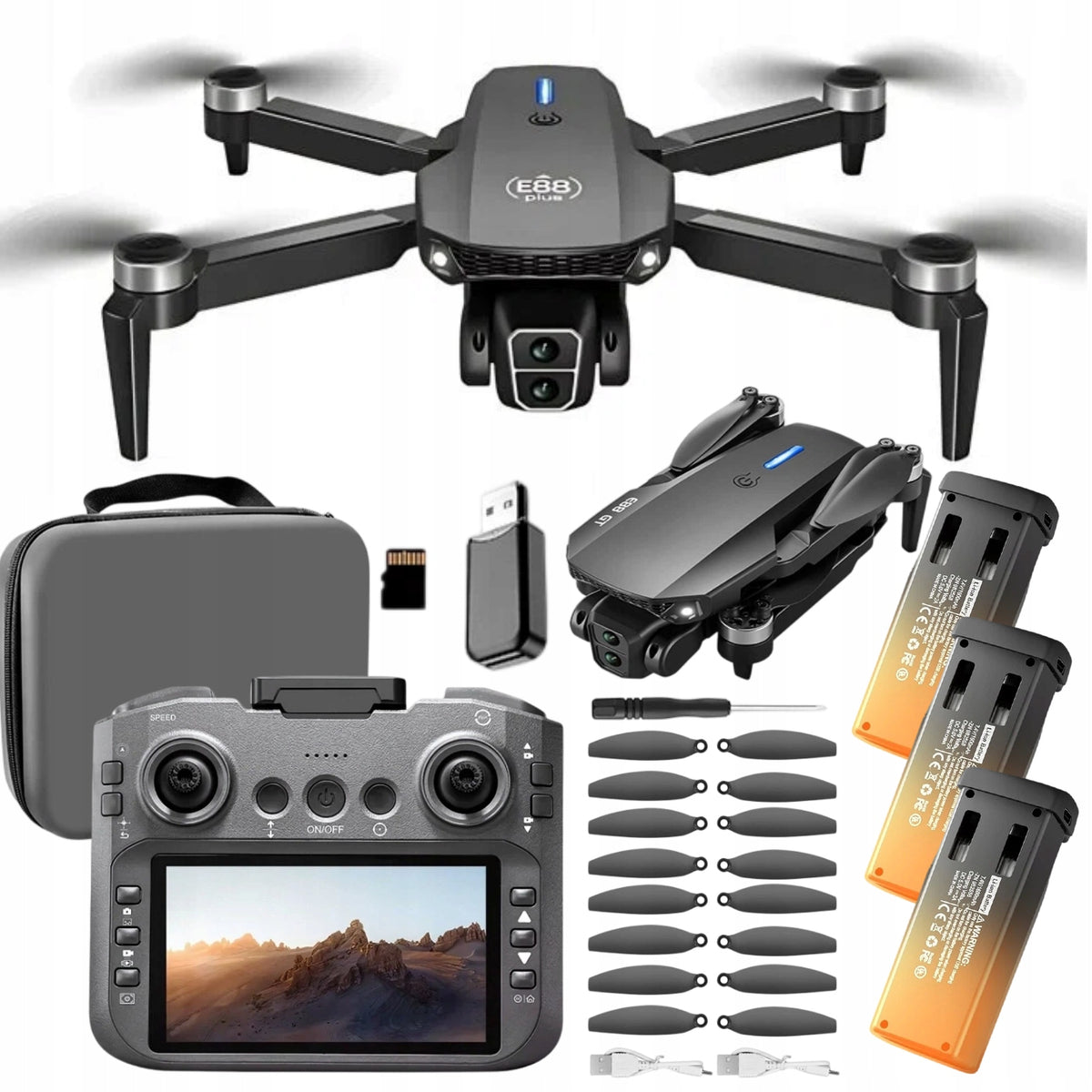 DRONE E88 GT LCD DISPLAY 5' BRUSHLESS MOTORS 3 BATTERIES + 8GB CARD