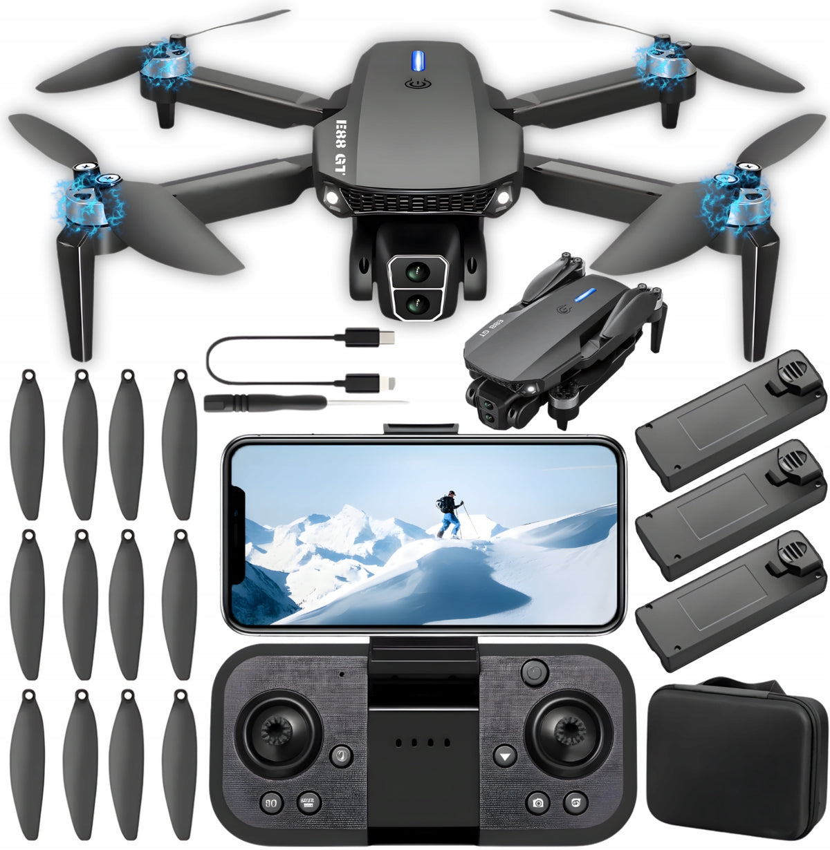 DRONE E88 GT Series BRUSHLESS MOTORS 2 CAMERAS HOVER 3 BATTERIES TOY
