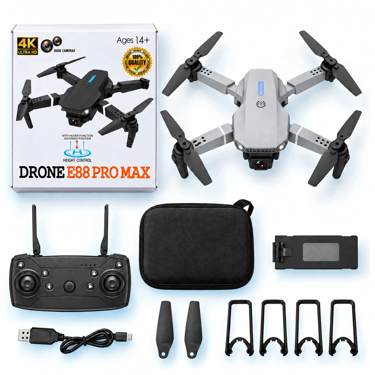 DRONE E88 PRO MAX HD CAMERA REMOTE CONTROLLED WI-FI RANGE UP TO 100M 3D VIEW Packaging status original