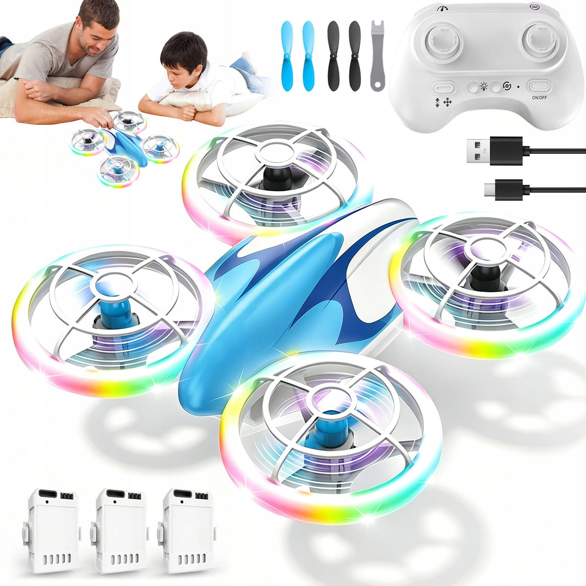 DRONE FOR CHILDREN BLUE 12X12X4CM 3 BATTERIES SET WITH FLIGHT PROTECTION