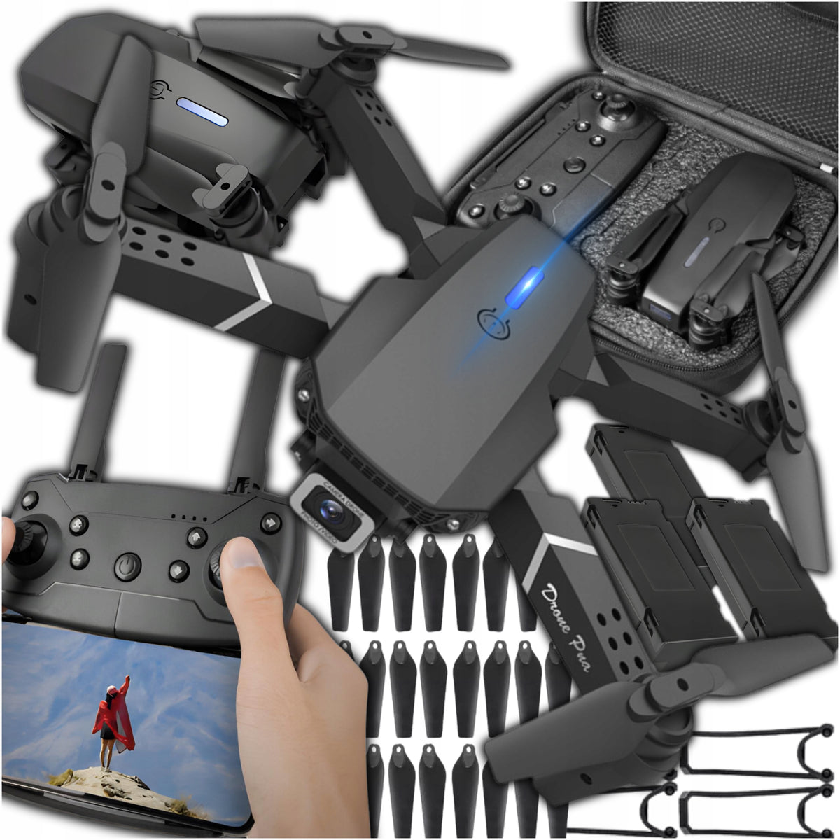 DRONE PRO WiFi CASE 2 HD LED CAMERAS 3 BATTERIES 1800mAh SET XXL REMOTE CONTROL