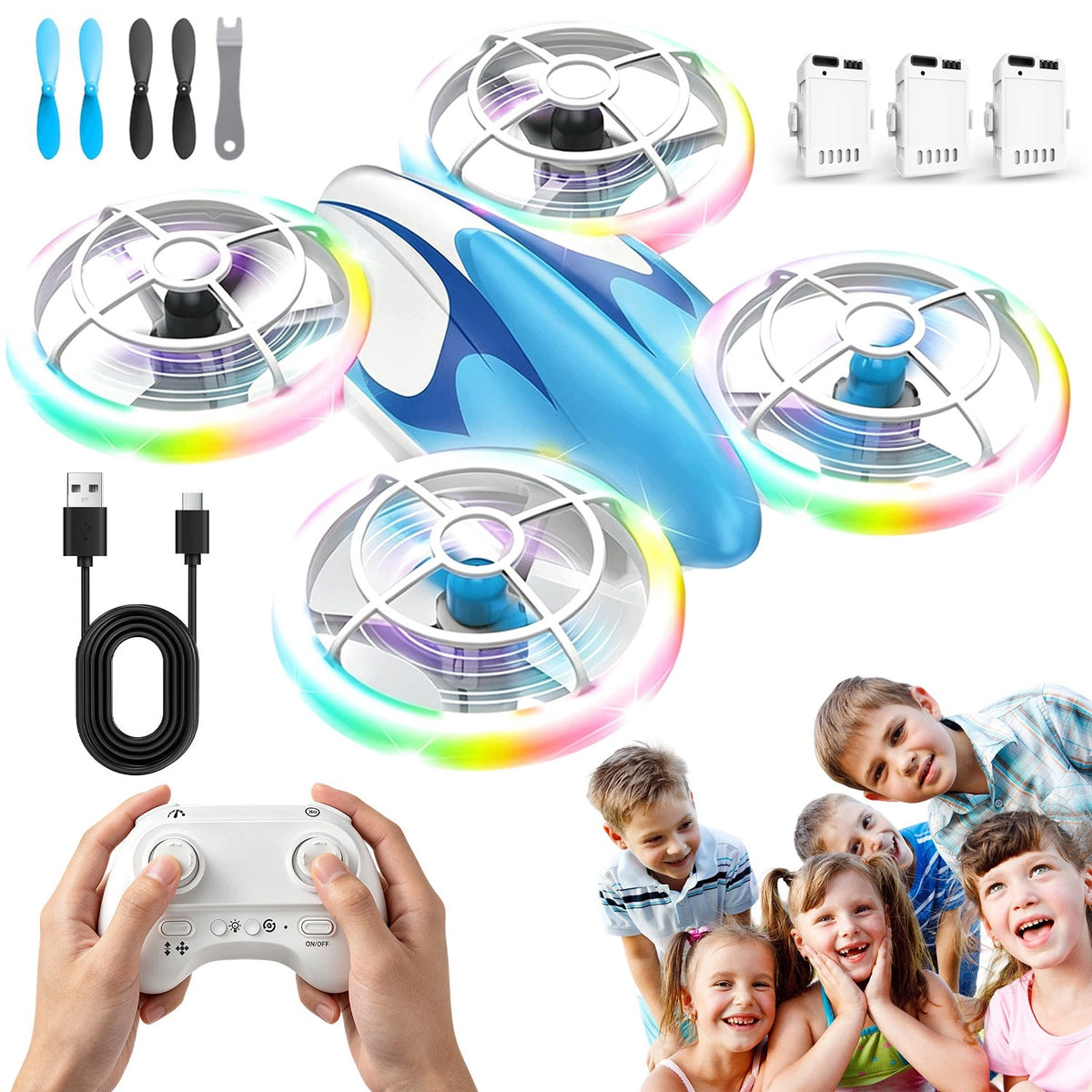 DRONE REMOTE CONTROLLED BLUE WITH OBSTACLE AVOIDANCE FUNCTION LED GIFT