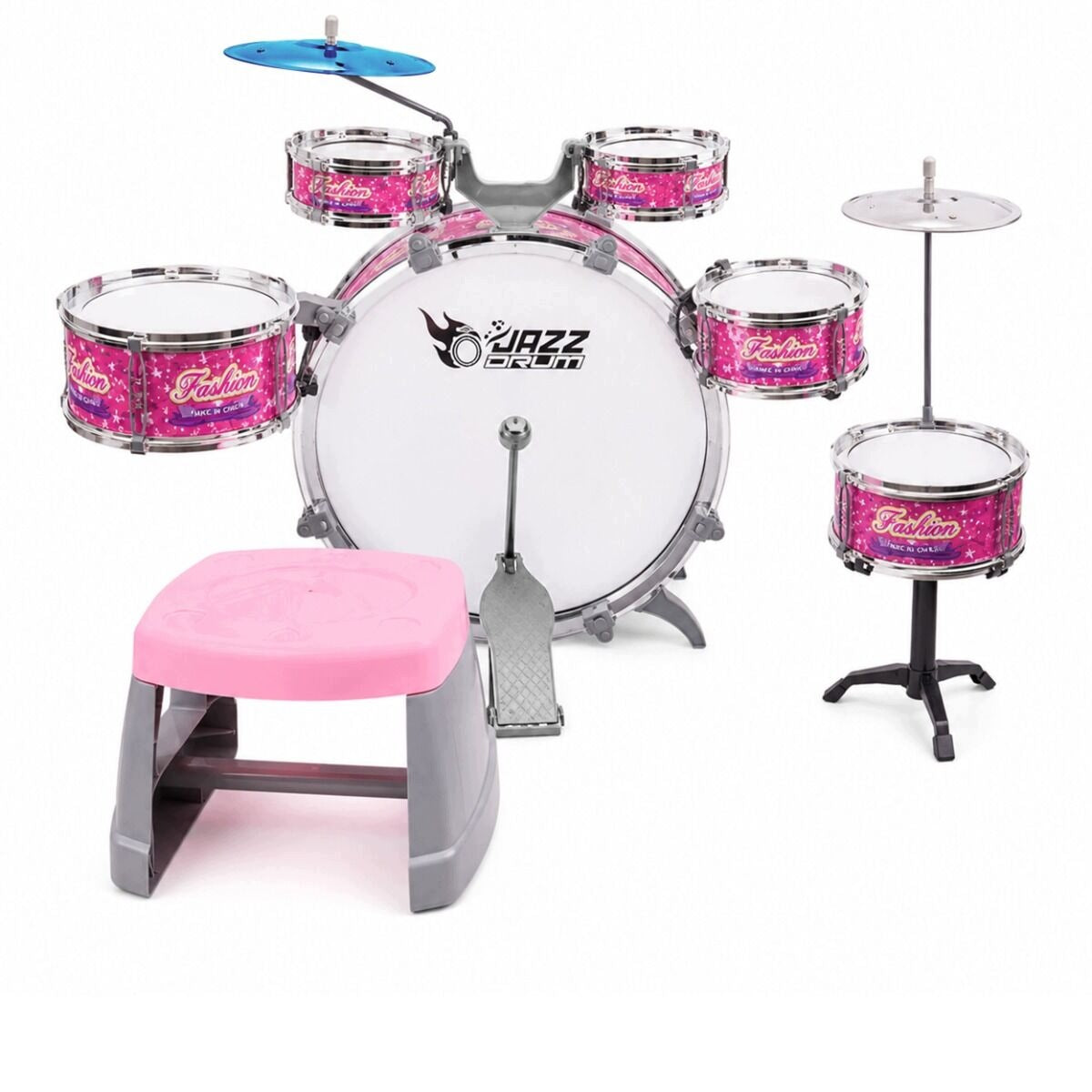 DRUMS FOR CHILDREN LARGE SET OF 6 DRUMS 2 PLATES STOOL INSTRUMENT ROSES Packaging status original