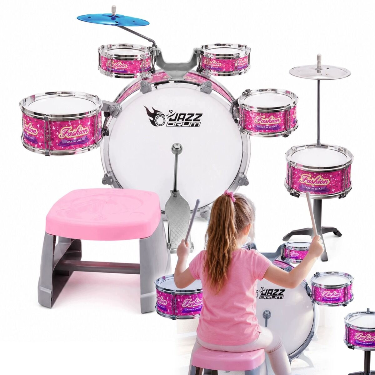 DRUMS FOR CHILDREN LARGE SET OF 6 DRUMS 2 PLATES STOOL INSTRUMENT ROSES