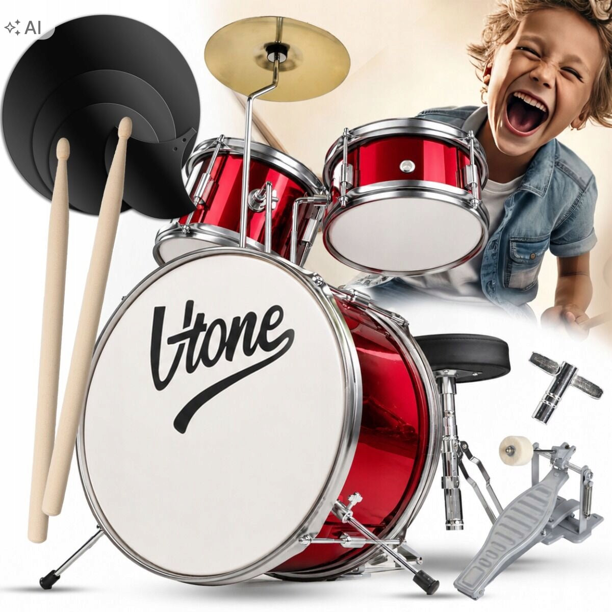 DRUMS FOR CHILDREN RED WOODEN SET METAL ACCESSORIES 2+ YEARS