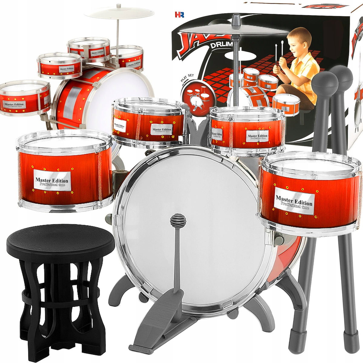 DRUMS FOR CHILDREN SET OF 5 DRUMS PLATES + STICKS + HIGH CHAIR TOY