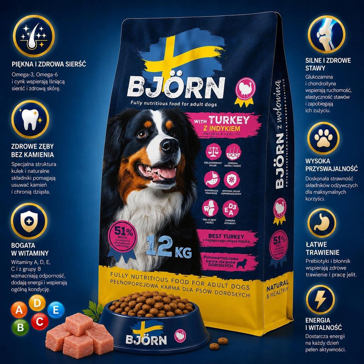 DRY DOG FOOD BJORN dog ADULT WITH TURKEY 51% MEAT WITHOUT CHICKEN 12 KG Packaging status original