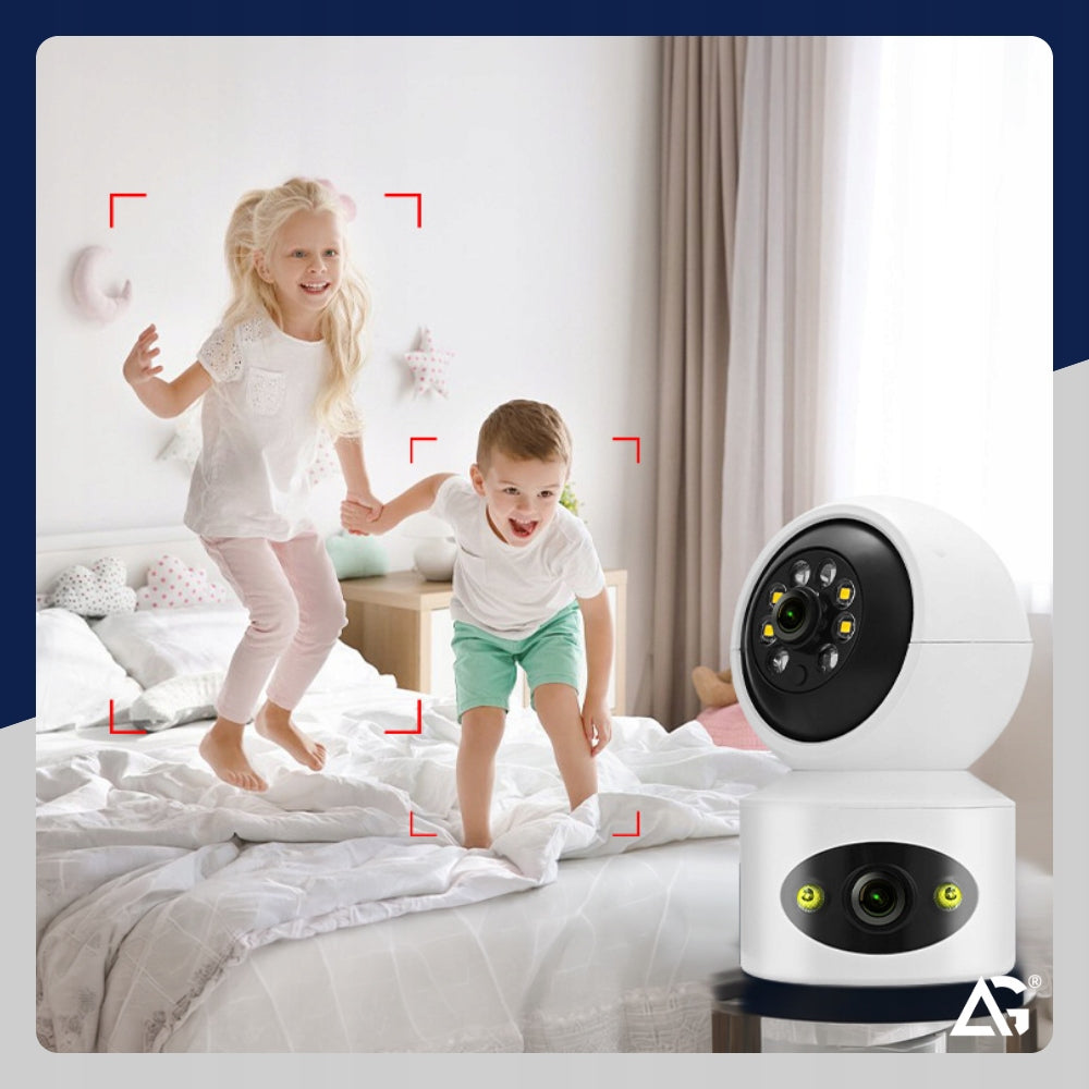DUAL CAMERA INDOOR WIFI HOME NANNY SMART DETECTION 8MP Model FHD DWA OBIEKTYWY MIKROFON AUDIO IR LED CZUJNIK