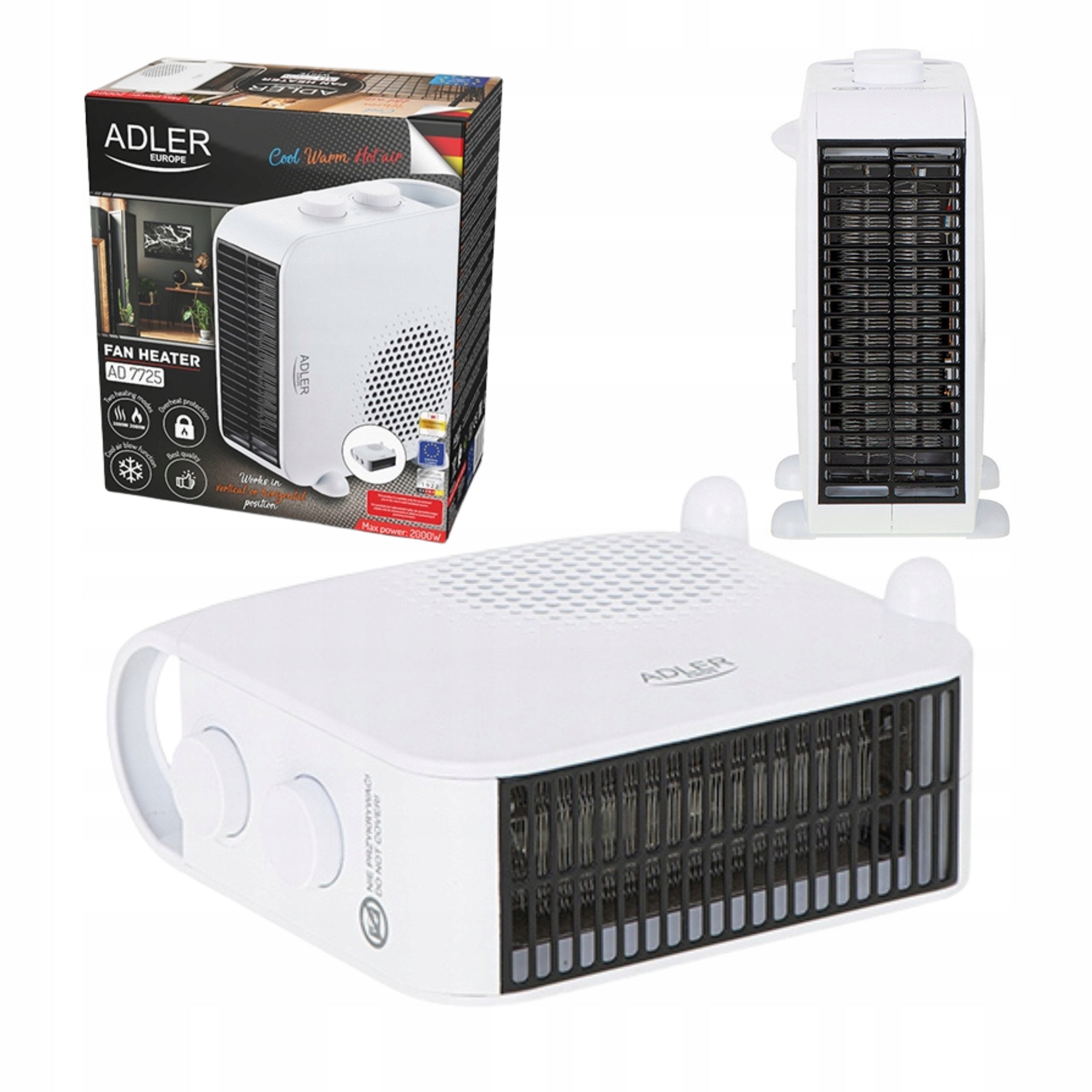 DUAL FUNCTION FAN HEATER WITH THERMOSTAT 2000W HEATING + COLD BLOWING