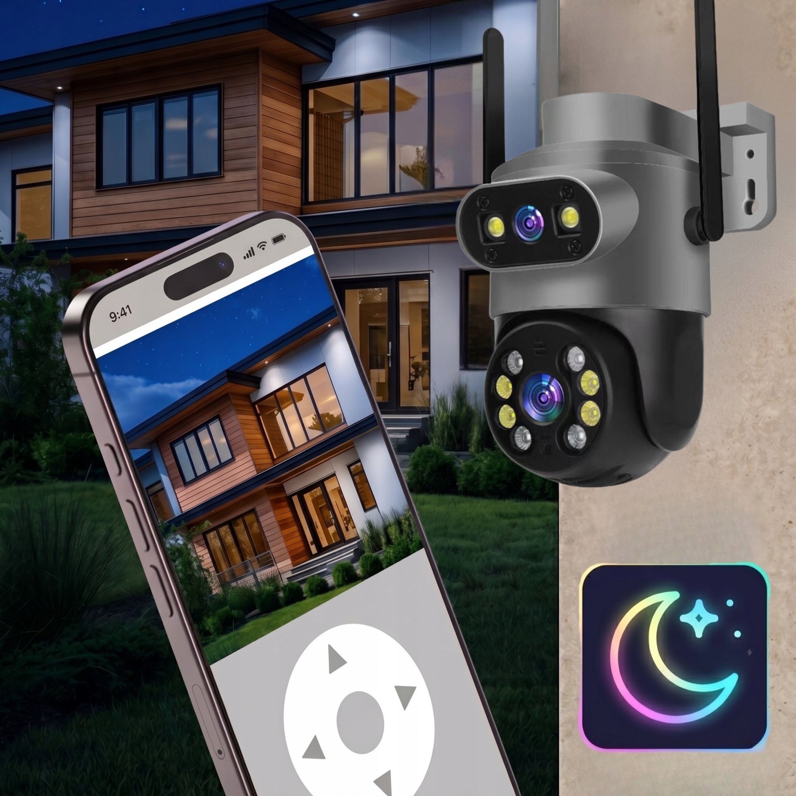 DUAL WIFI CAMERA OUTDOOR ROTATING 10MPX ULTRA HD TRACKING MICROPHONE Model MONITORING DOMU UHD BEZPRZEWODOWA WiFi IR ALARM