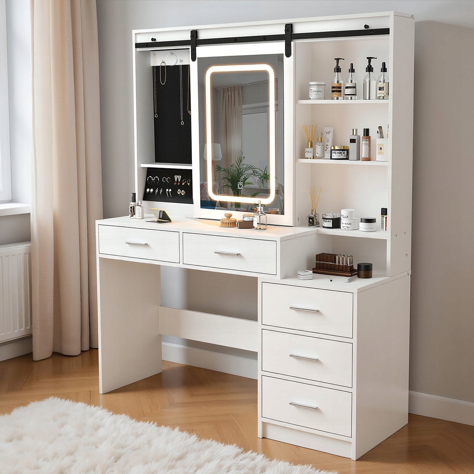 DUŻA TOALETKA KOSMETYCZNA 120x40x150CM MAKIJAŻ Z LUSTREM BIAŁA SKANDYNAWSKI Furniture height 150 cm