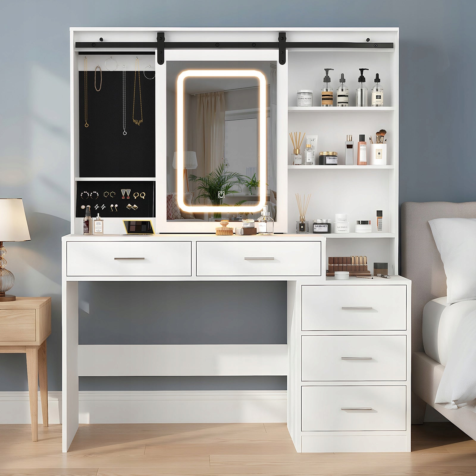 DUŻA TOALETKA KOSMETYCZNA 120x40x150CM MAKIJAŻ Z LUSTREM BIAŁA SKANDYNAWSKI Furniture width 120 cm